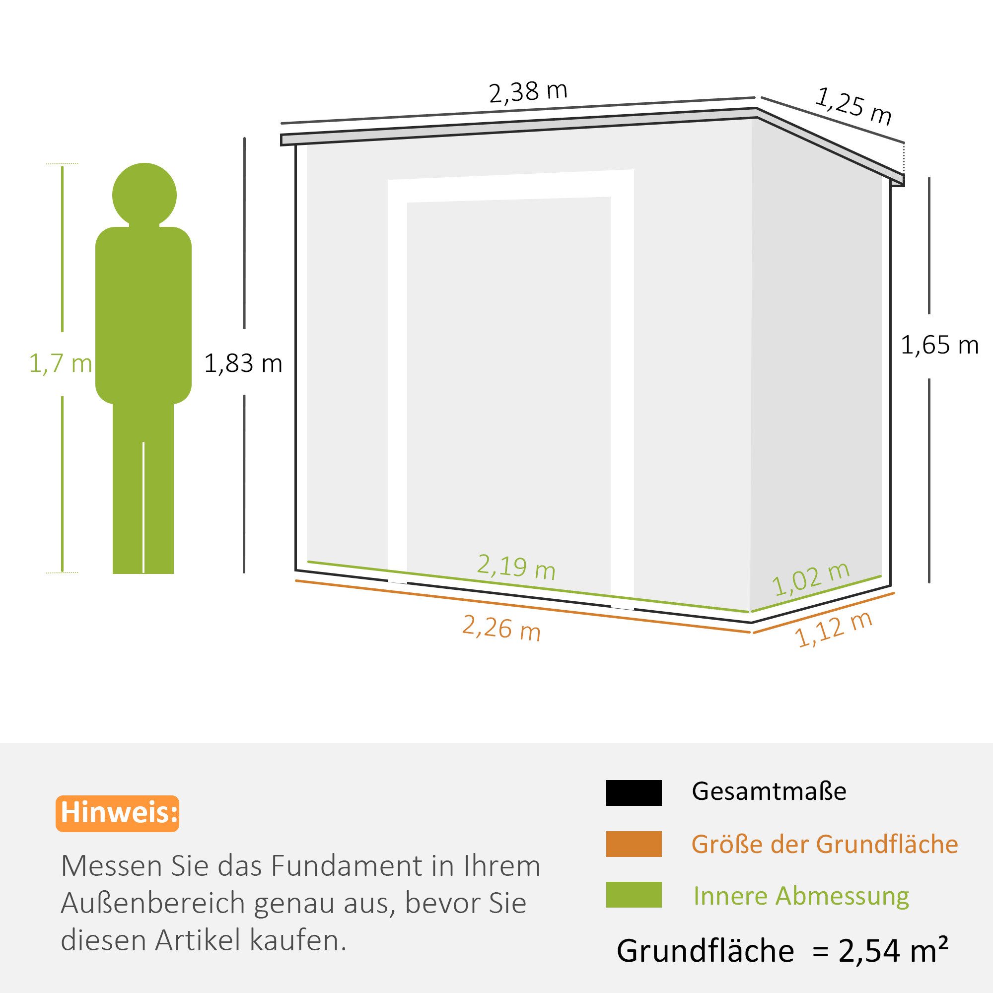 Outsunny Gerätehaus 2,54m², wasserdicht, mit Pultdach, mit Abschließbar Tür, Fenster, BxT: 238x125 cm, (Gartenhaus, 1 St., Geräteschuppen), aus Alu, für Hinterhof, Garten, Grau