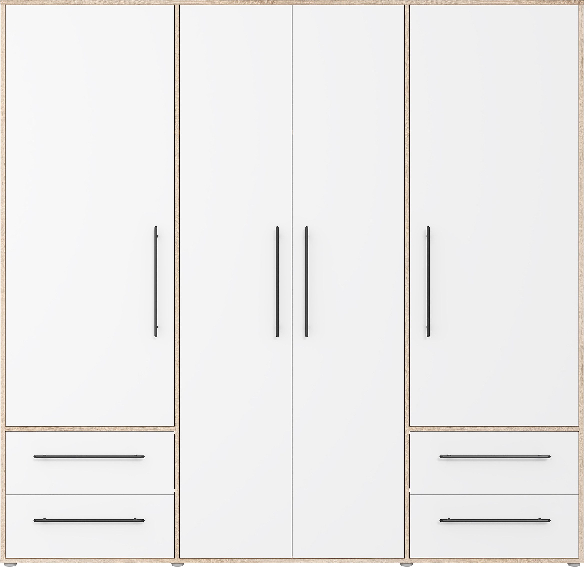 FORTE Kleiderschrank Mokkaris,Topseller, zeitloses Design, 3–4 Türen, Made in Europe (B/H/T ca. 145x200x59cm oder 206x200x59cm) Schubladen + schwarze Stangengriffe, Made in Europe, viel Stauraum