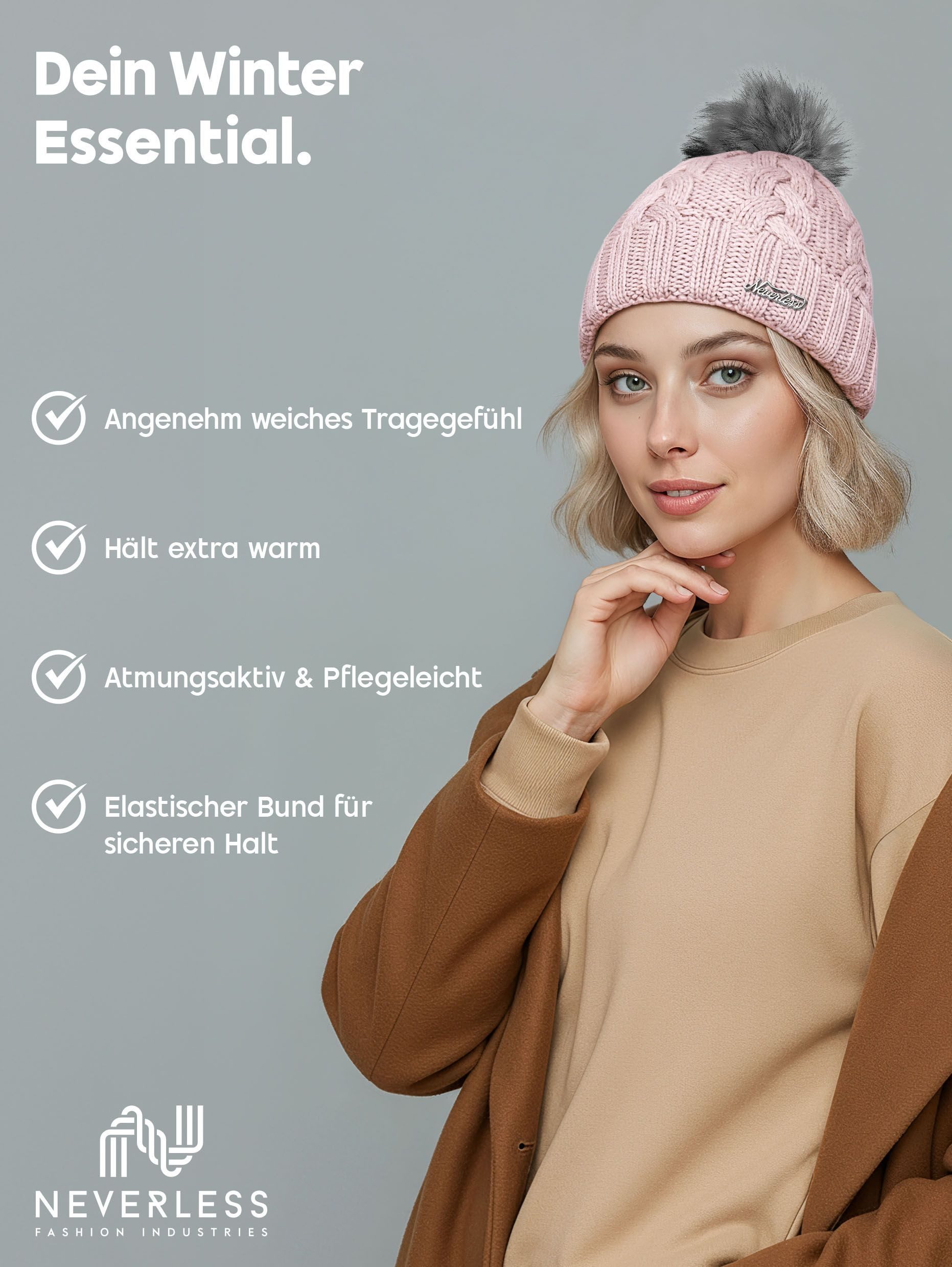 Neverless Strickmütze Damen Strickmütze Zopfmuster Fleccefutter Bommelmütze Pudelmütze