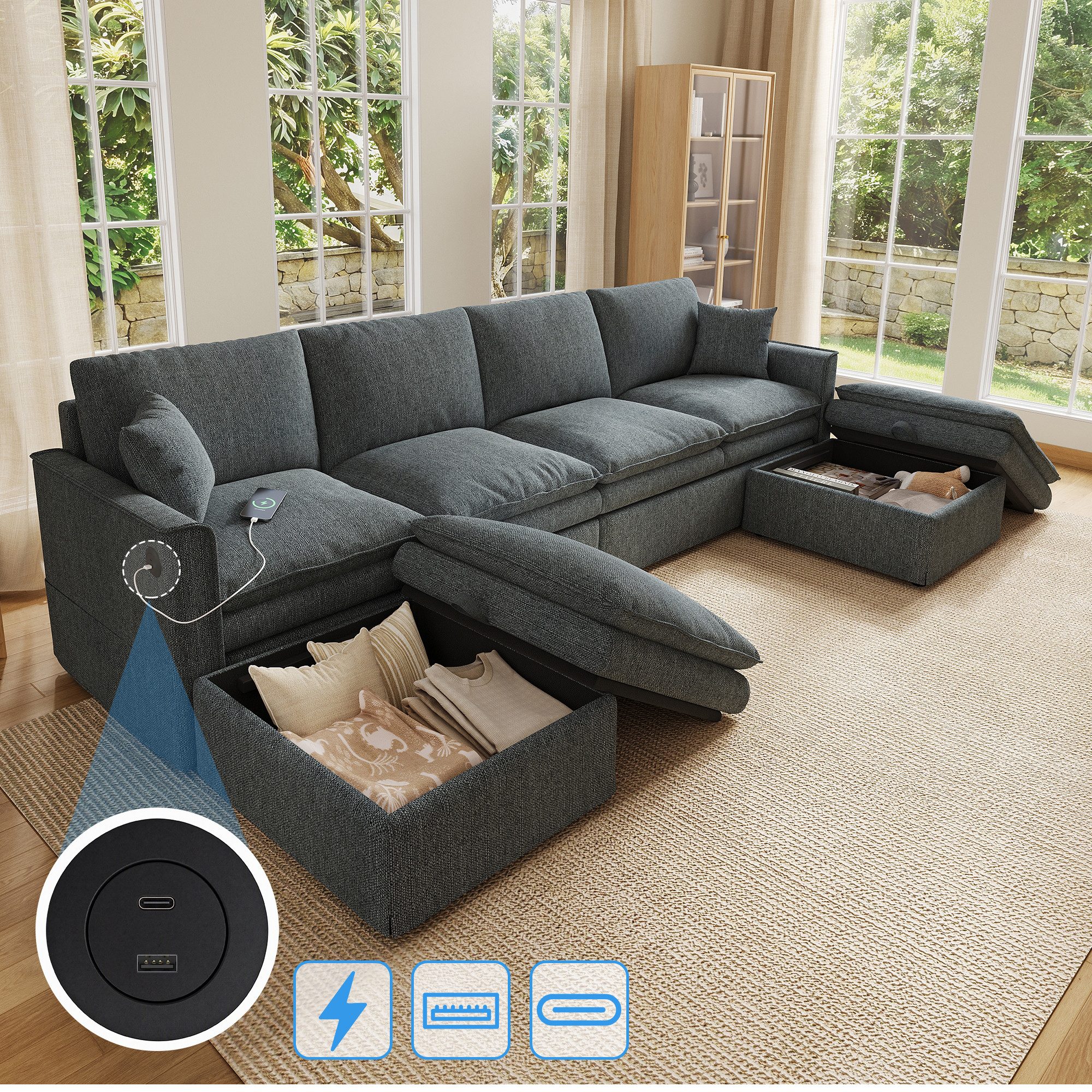 Flieks Sofa U‑Form Ecksofa mit Ladenfunktion, 2 Stauraumhockern und 2 Zierkissen, 277×80×135 cm, 6‑Sitzer Modulsofa Couch Baumwolle-Leinen-Stoff Grau