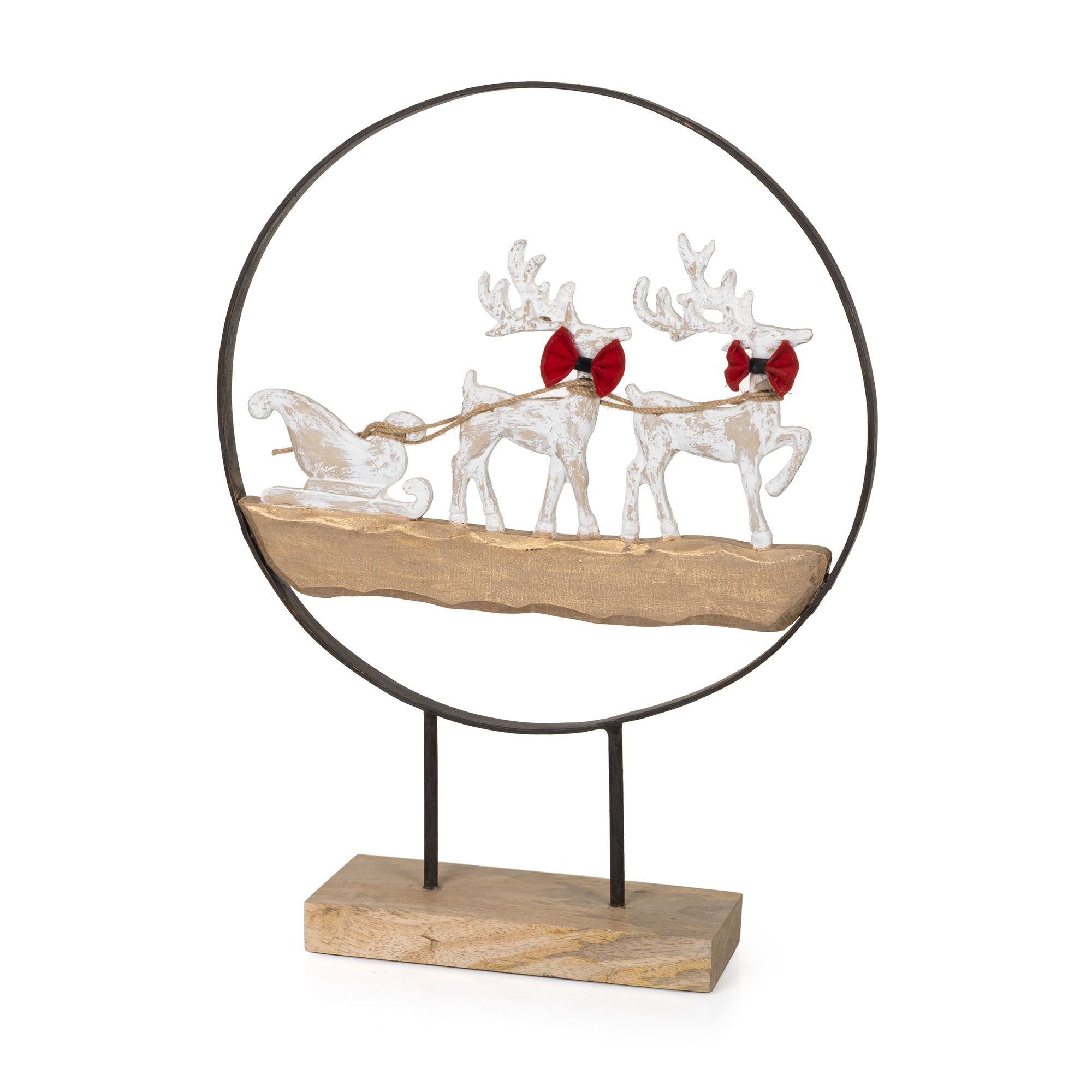 Moritz Skulptur Weihnachtsfigur Rentier mit Schlitten im Metallring 53,5 cm hoch, Holz, Tischdeko, Fensterdeko, Wanddeko, Holzdeko, Weihnachtsdeko