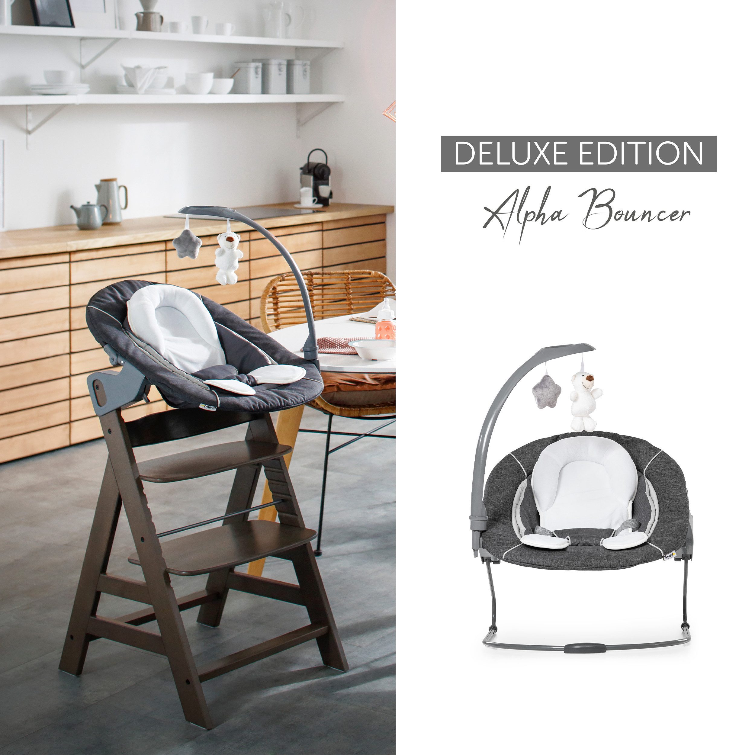 Hauck Hochstuhl Alpha Plus Newborn Set Deluxe - Natur, Holz Babyhochstuhl ab Geburt inkl. Neugeborenen Aufsatz & Sitzauflage