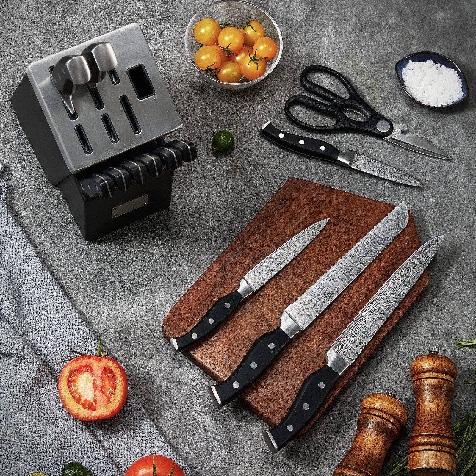FOHERE Messer-Set 14-teiliges Messerset mit integriertem Schärfer und Wellenmuster (Set, 14-tlg), ergonomische Griffe, modernes Messerblock