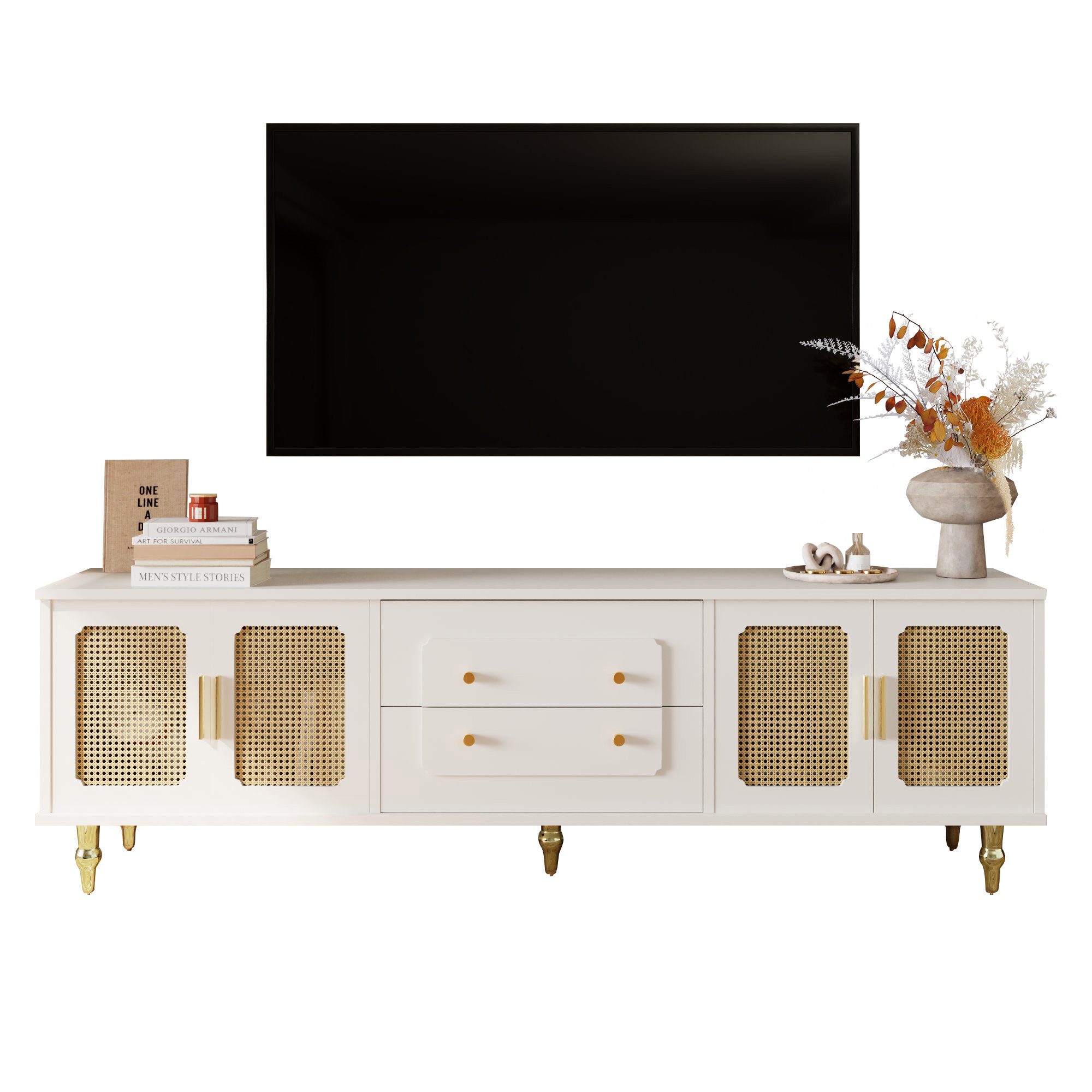 HAUSS SPOLE Lowboard mit goldene Griffe, viel Stauraum, Rattantür und Beine günstig online kaufen