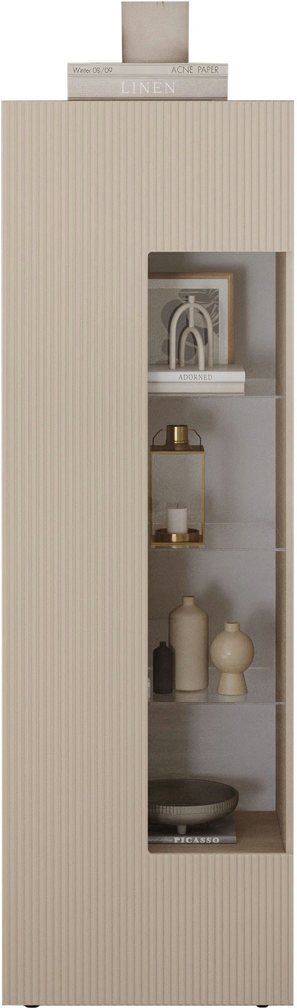 Home affaire Vitrine RIO, Höhe 187 cm, Hochschrank mit 1 Tür, Anrichte, Standvitrine Vitrinenschrank, geriffelte MDF-Front, modern, elegant, geräumig