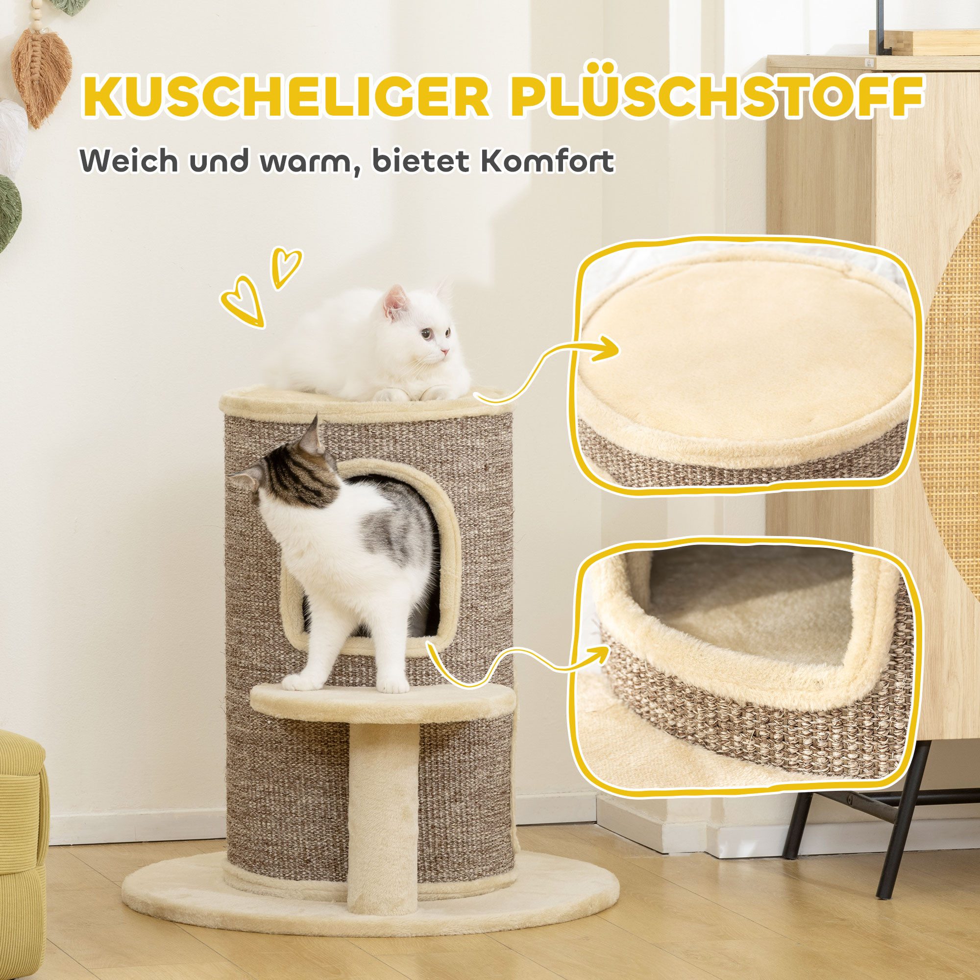 PawHut Kratztonne 60 cm Hoch Katzentonne mit 2 Höhle, für Katze bis 5 kg 4255633583154