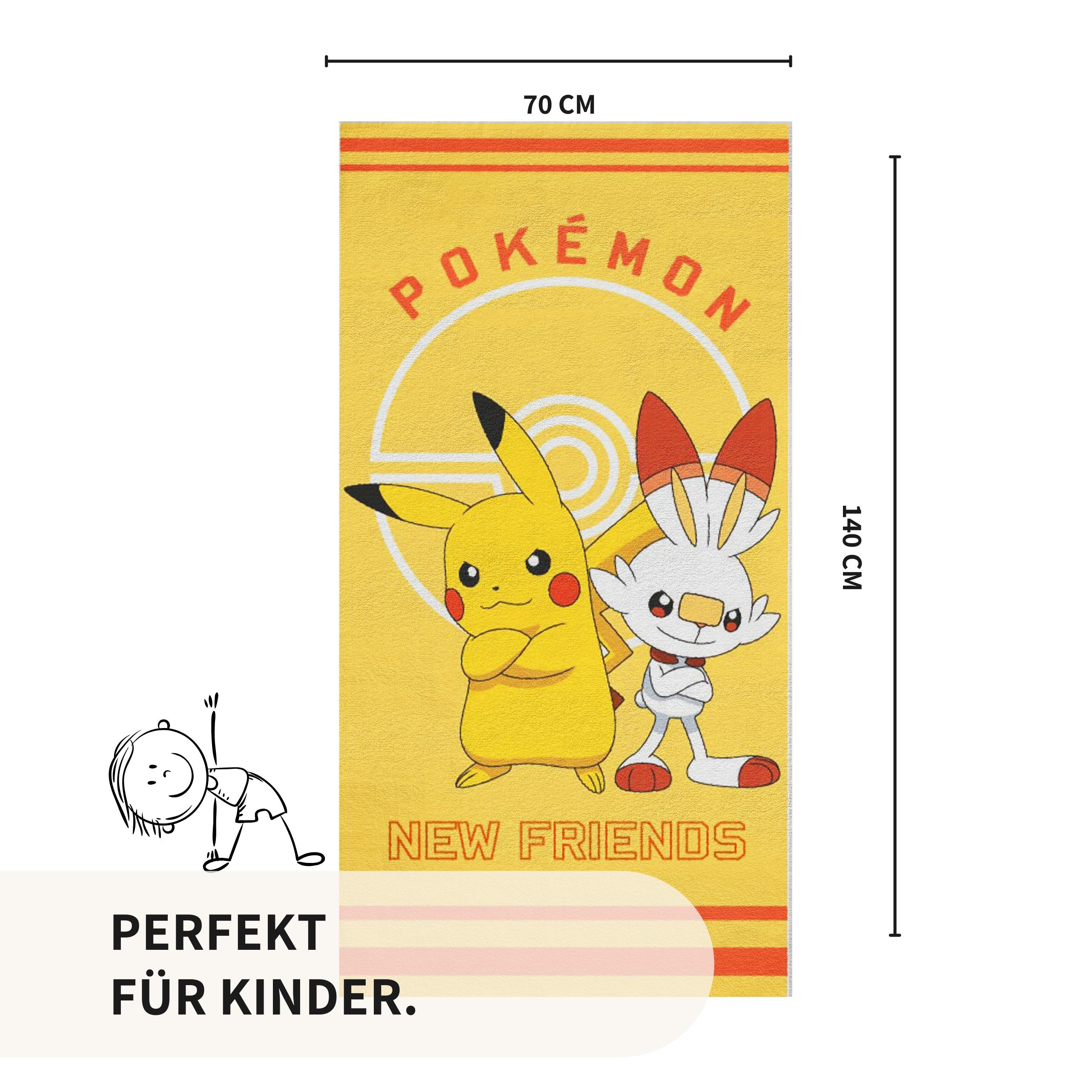 MTOnlinehandel Badetuch Pokemon gelb, Geschenkidee für Kinder, 70x140cm, Fanartikel, 100% Baumwolle (1-St), weich und saugfähig, Pikachu und Scorchic