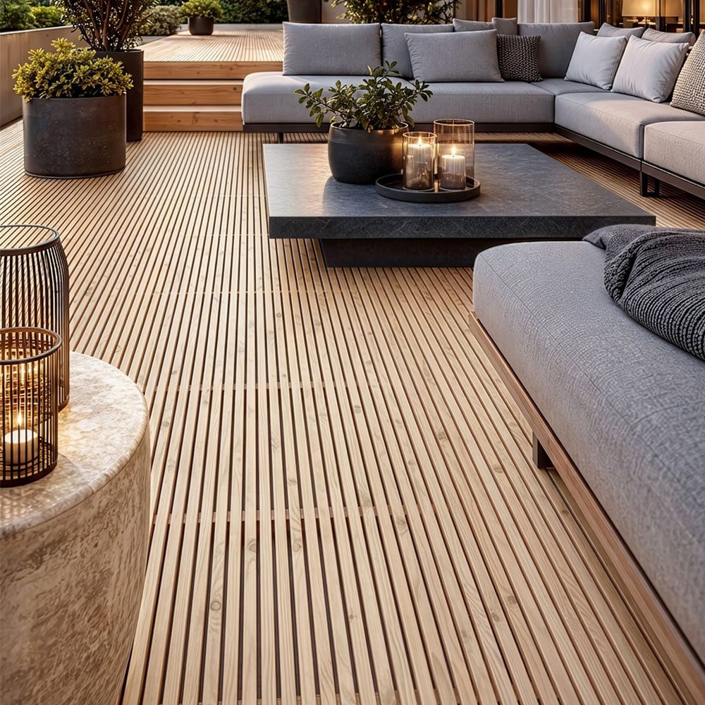 HOME DELUXE Terrassendielen Lärche (inkl. Beschläge) - DREVO, 2 m², (vorgefertigte Paneele), witterungsbeständig gegen Feuchtigkeit, Diele für Terrasse und Balkon