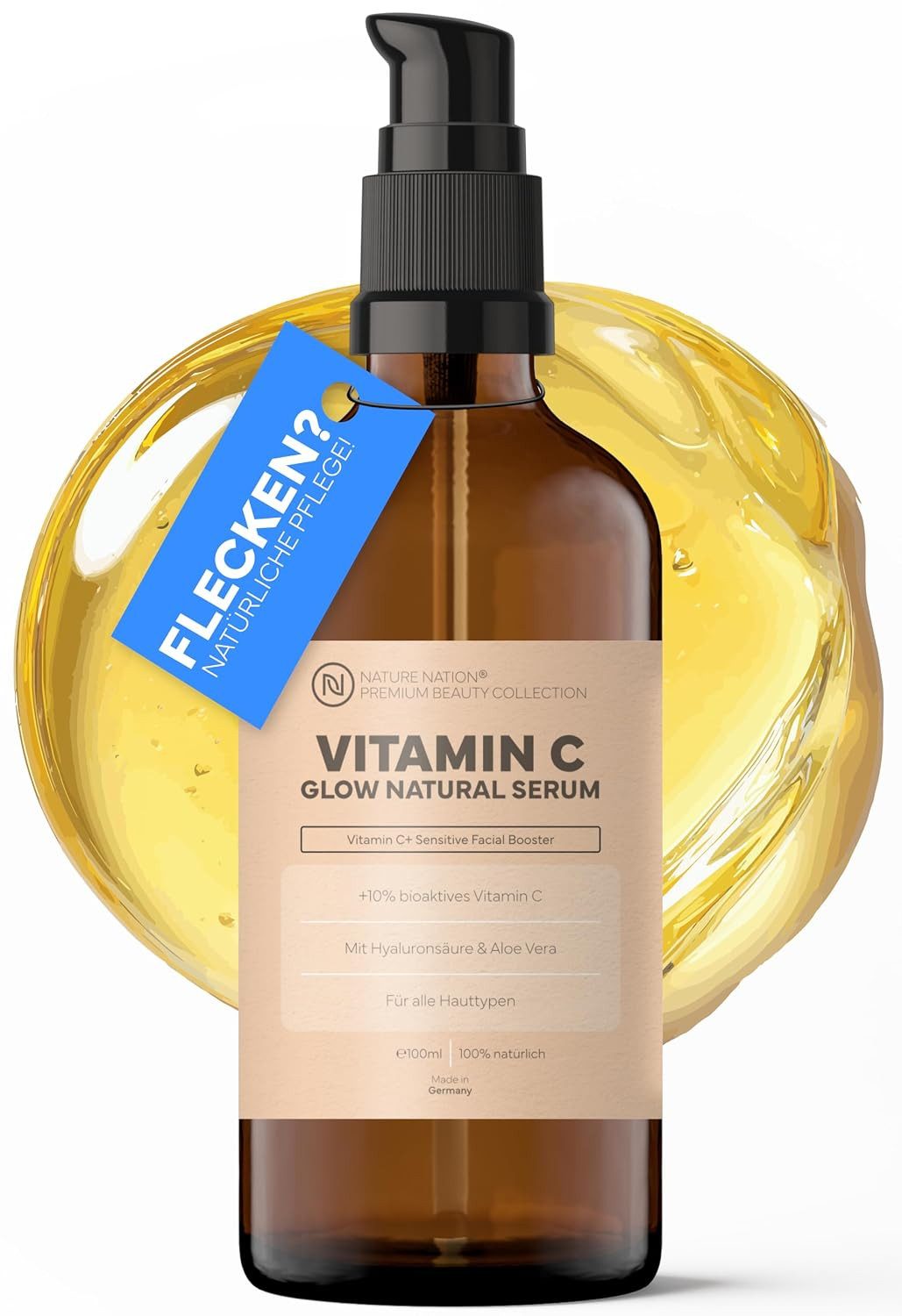 NATURE NATION Gesichtsserum Vitamin C Serum 10% hochdosiert + Hyaluron-Komplex: Anti Aging & vegan, 1-tlg., 10% Vitamin C für Glow & einen ebenmäßigen Teint