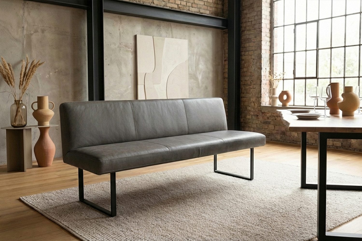 KAWOLA Sitzbank ELEEN Esszimmerbank Leder pigmentiert – modernes Design, 243 cm Breite, hoher Sitzkomfort, Metallgestell schwarz