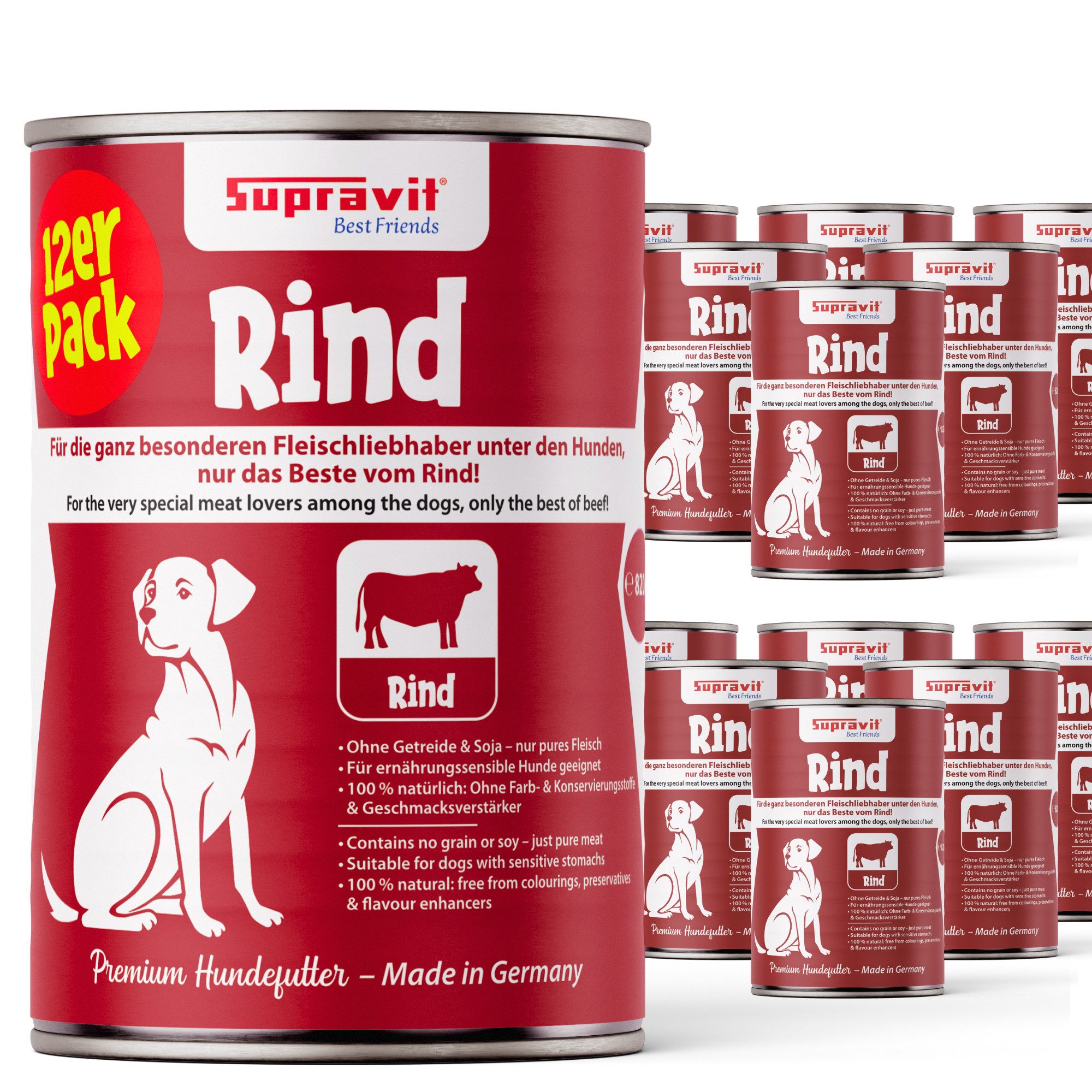 Supravit Nassfutter für Hunde 12 x 410g Dosen - Schmackhaftes Hundefutter nass Rind, Nassfutter für: Hund
