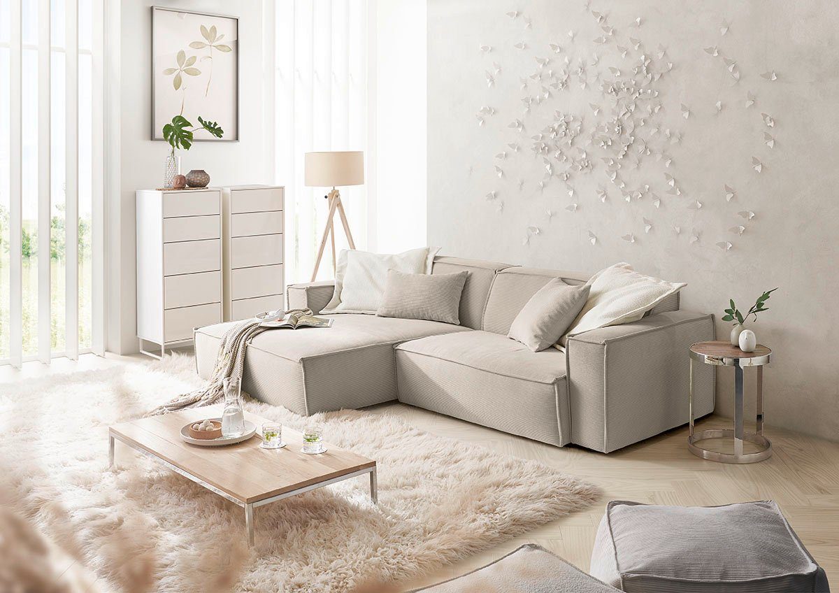 3C Candy Ecksofa Matteo in elegant, kubischer Formensprache, bequem, L-Form, mit auffälliger Kedernaht, Feincord-Bezug, Lounge-Charakter
