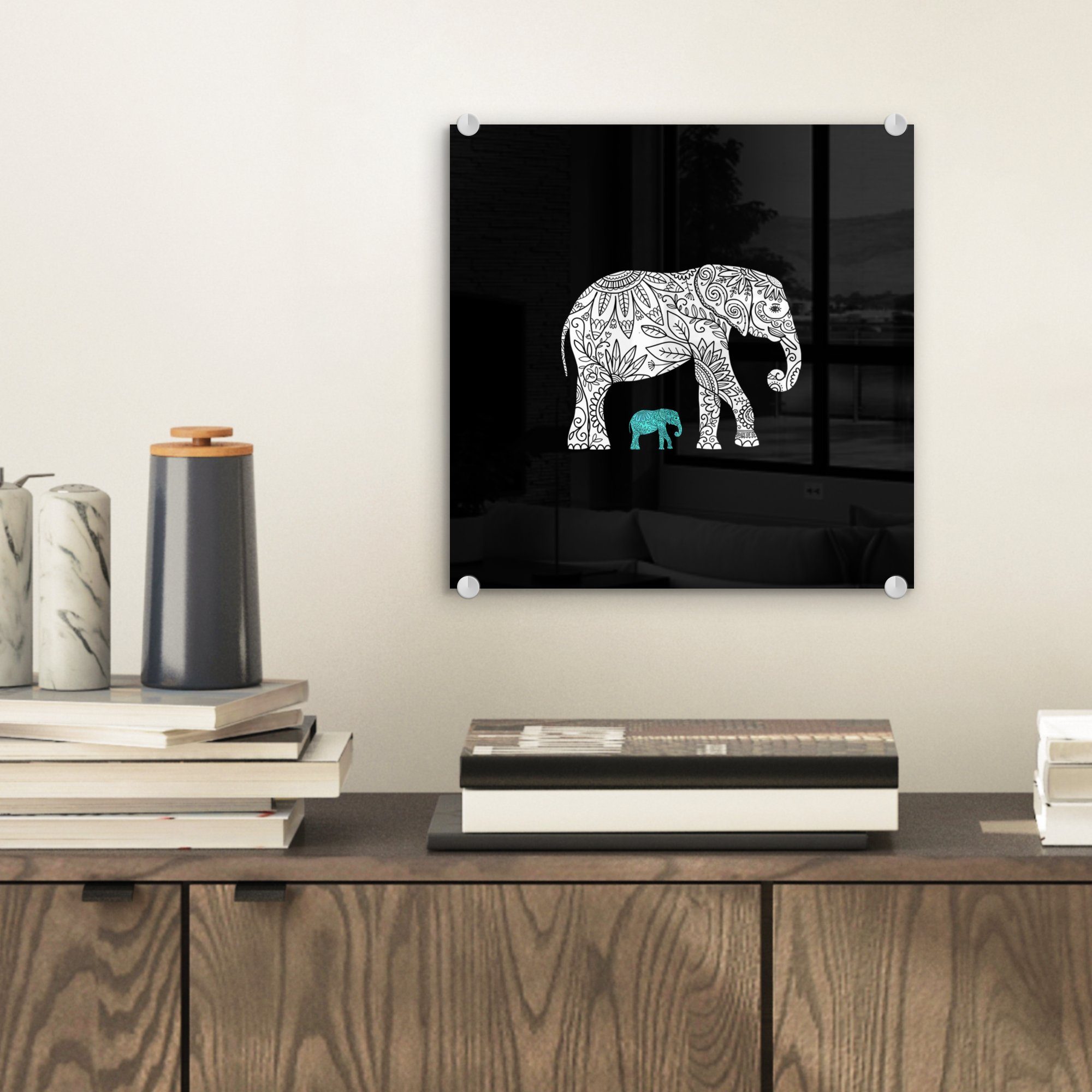 MuchoWow Acrylglasbild Elefant - Muster Bilder - - Wanddekoration auf - - Glas Foto - Glasbilder (1 Blau Glas Wandbild Weiß, St), auf