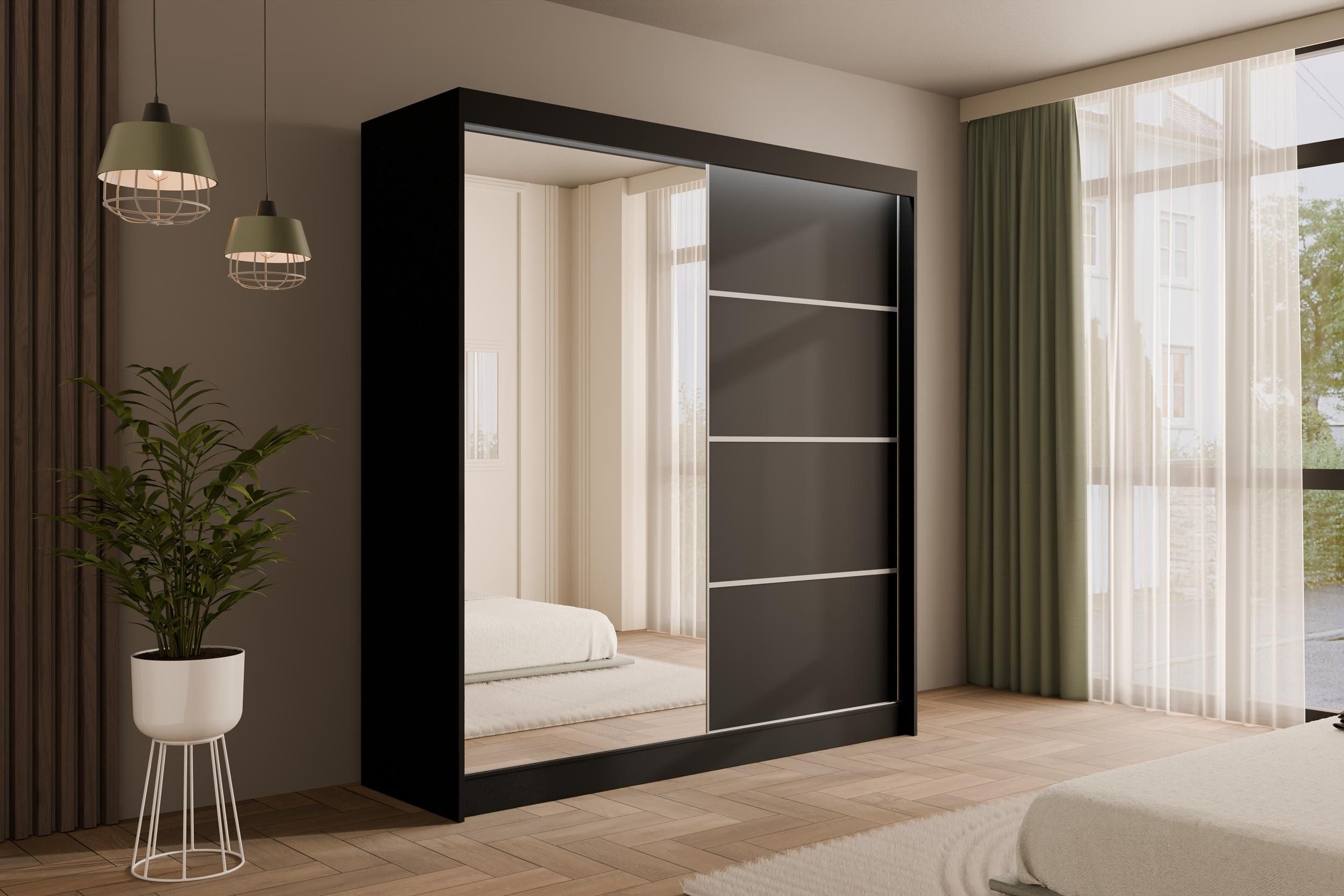 ALTDECOR Schiebetürenschrank PAOKI (Kleiderschrank Garderobenschrank mit viel Stauraum Moderner Schrank) Spiegel Spiegeltüren Vielseitiger Schwebetürenschrank LED Beleuchtung