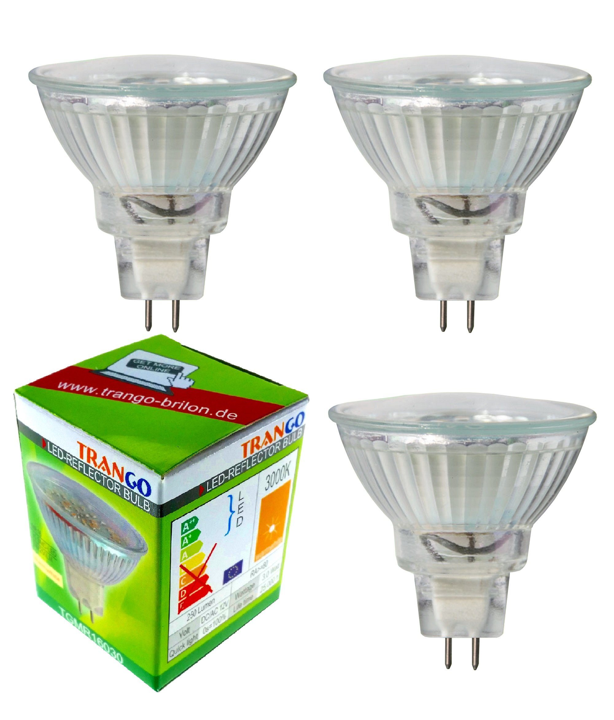 TRANGO LED-Leuchtmittel, 3er Set MR16030 LED Цибулини mit MR16 Fassung zum Austausch herkömmlicher Halogen Цибулини MR16 I GU5.3 I G4 12 Volt 3000K warmweiß, 3 St., Glühlampe, Reflektor Lampe, LED Birnen