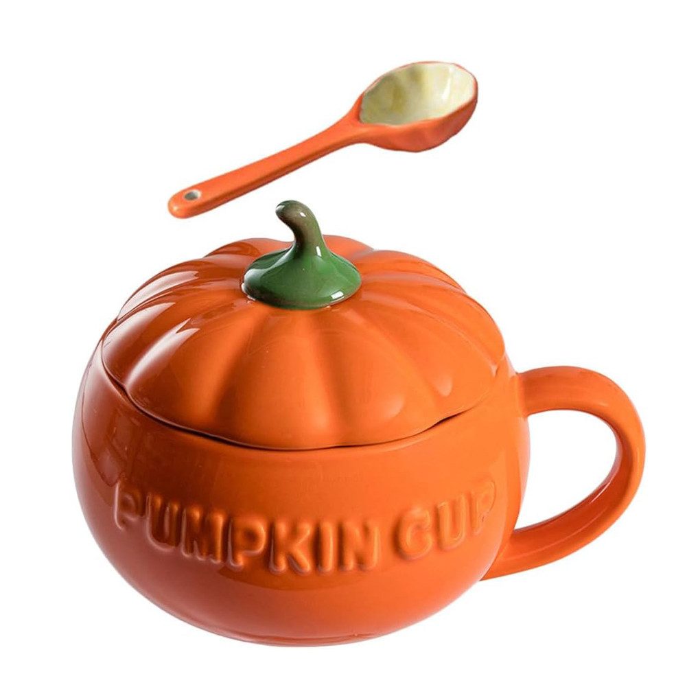 HT Кружки Süße Kürbis Кружки aus Keramik, Kaffeetasse Milchbecher mit Deckel, 250 ml, Tasse + Löffel