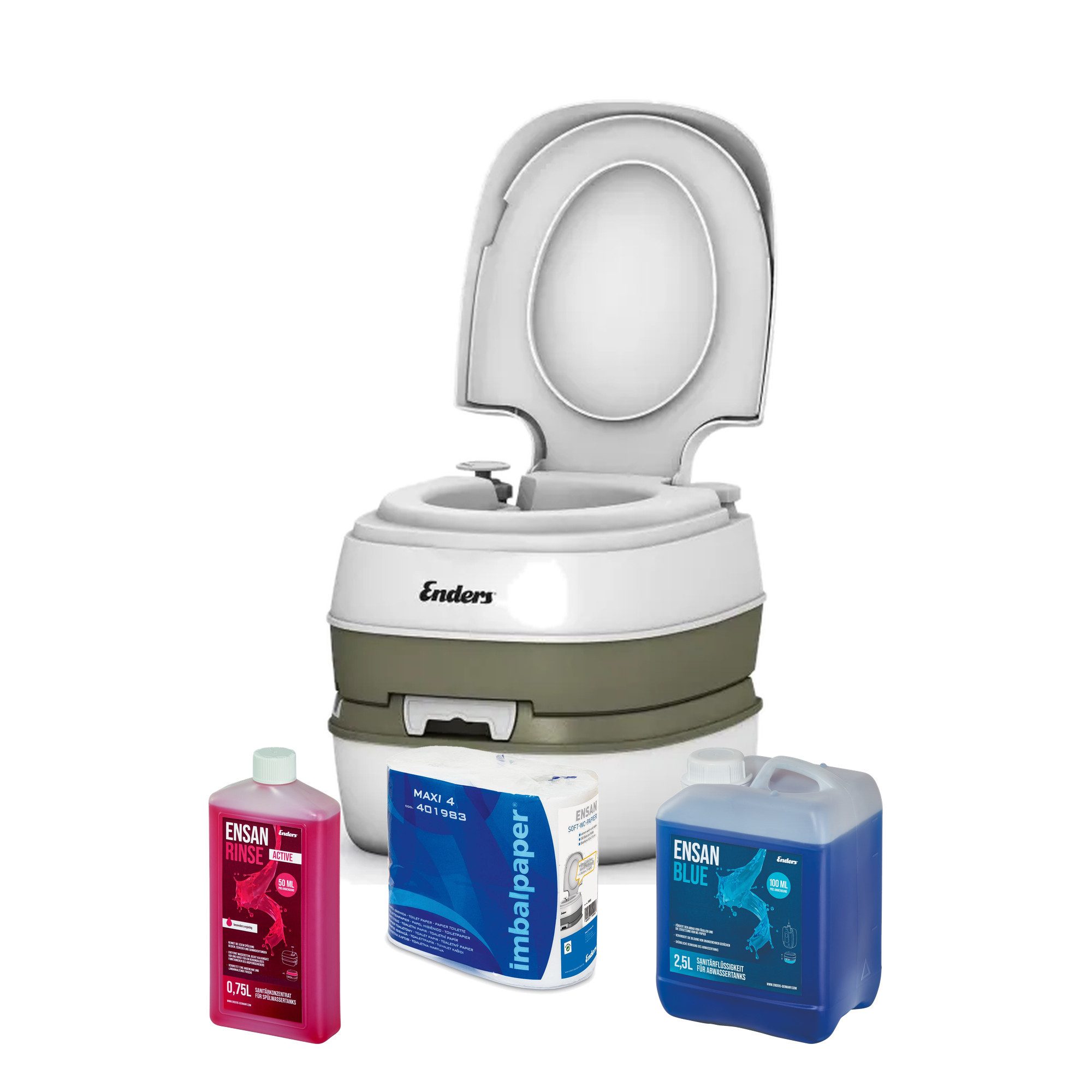 Enders® Campingtoilette Deluxe Blue Set, (Spar-Set, 0,75L RINSE + 2,5L BLUE + 4 Rollen selbstauflösendes Toilettenpapier), Kolbenpumpe, farbige Füllstandsanzeige, integrierte Transportrolle