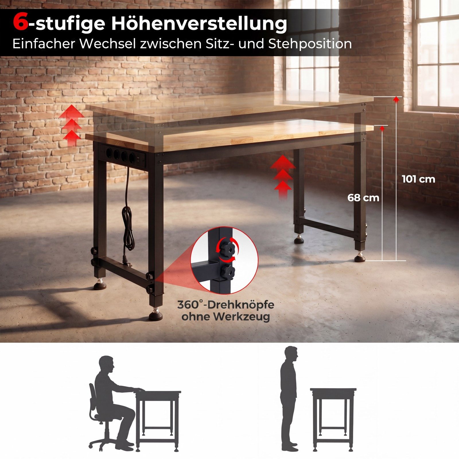 COSTWAY Werkbank, 122 cm schwerlast höhenverstellbarer Arbeitstisch mit Steckdose