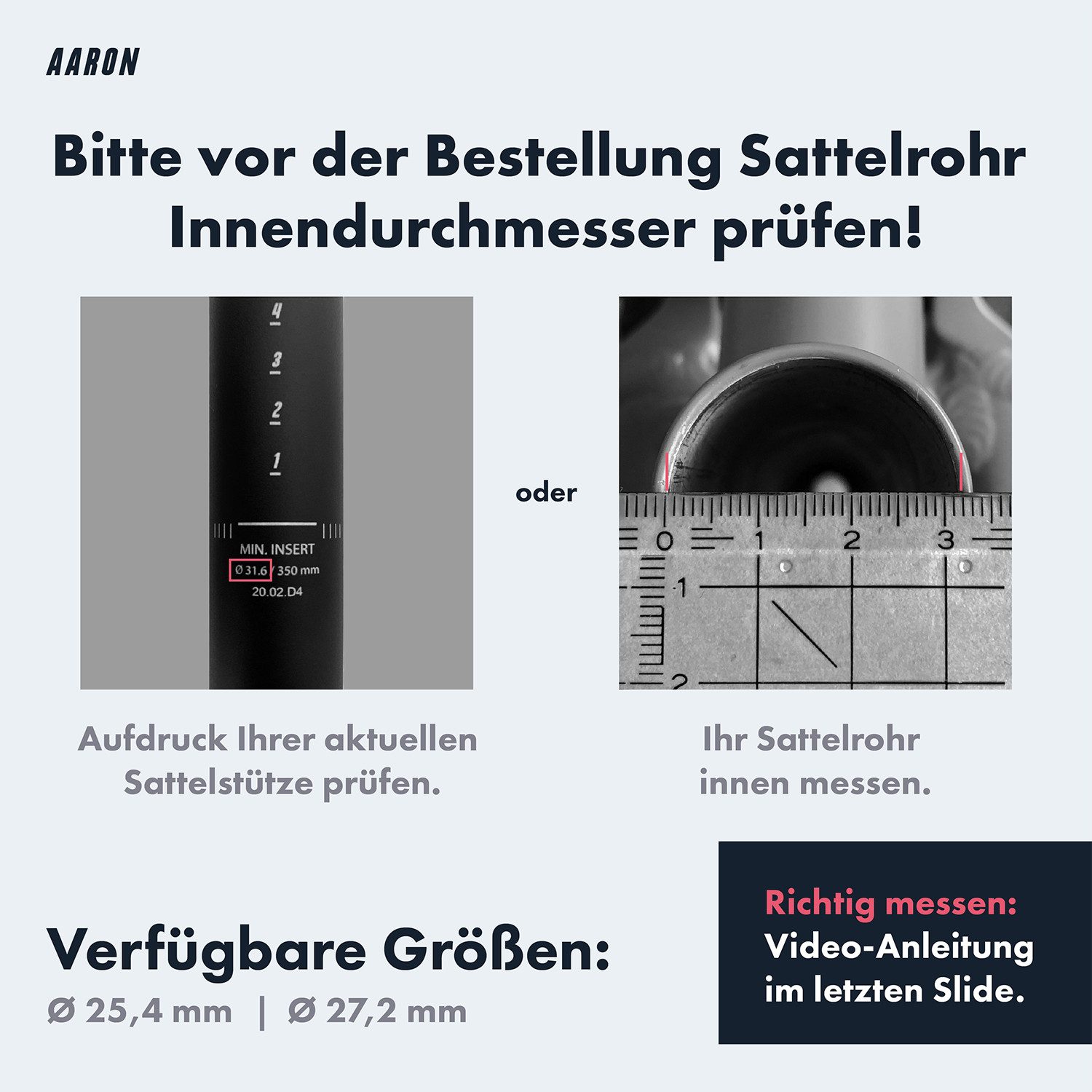 AARON Sattelstütze Tube Sattelstange 25,4 / 27,2 mm – 350 mm – Aluminium Fahrrad Schwarz