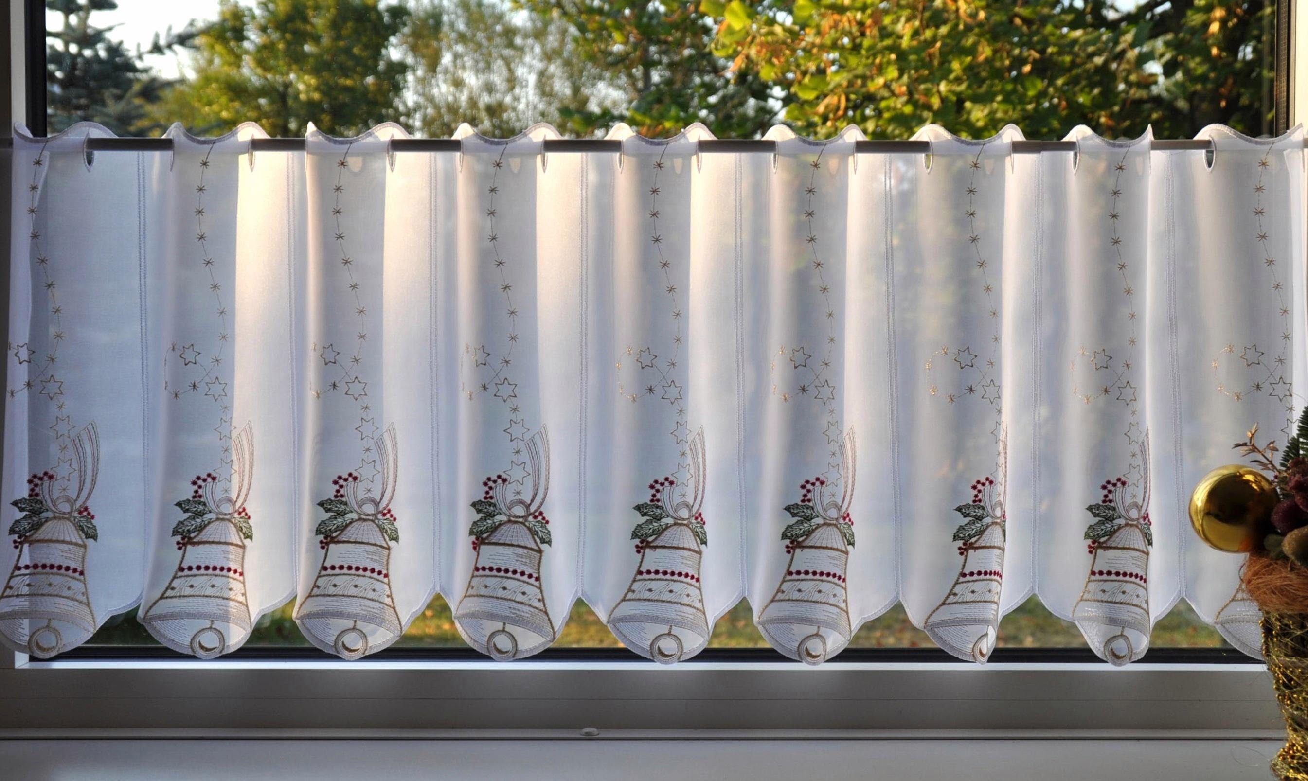 Stickereien Plauen Scheibengardine Glockenzauber (1 St), Stangendurchzug, transparent, Voile, mit echter Plauener Spitze Stickerei