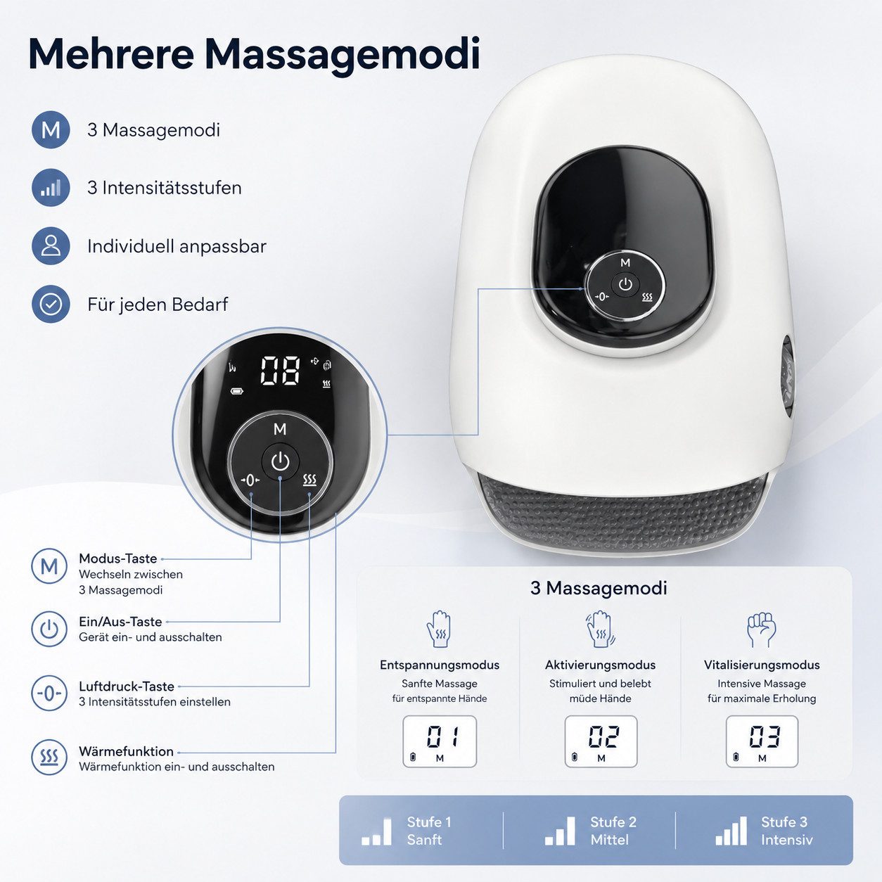 pedete Massagegerät Handmassagegerät mit Wärme & Kompression Elektrischer Handmassager, Kabelloser Hand Massager Schmerzlinderung für Finger, 4 Programme, 5 Dru – Bild 3 von 5