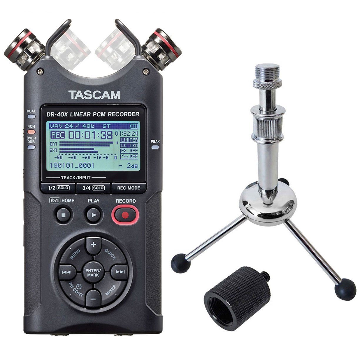 Tascam DR-40X Recorder Digitales Aufnahmegerät (mit Tripod Stativ und Gewinde-Adapter)