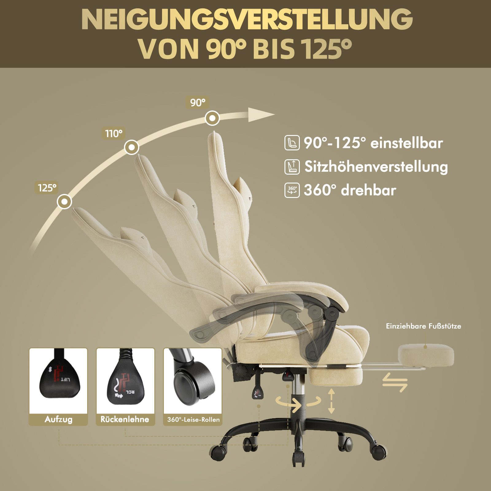Ferghana Gaming-Stuhl Gaming-Stuhl: Kopfstütze, Lendenkissen, Armlehnen, Fußstütze (Packung), Ergonomischer PC-Stuhl,Rückenlehne 90°-125°