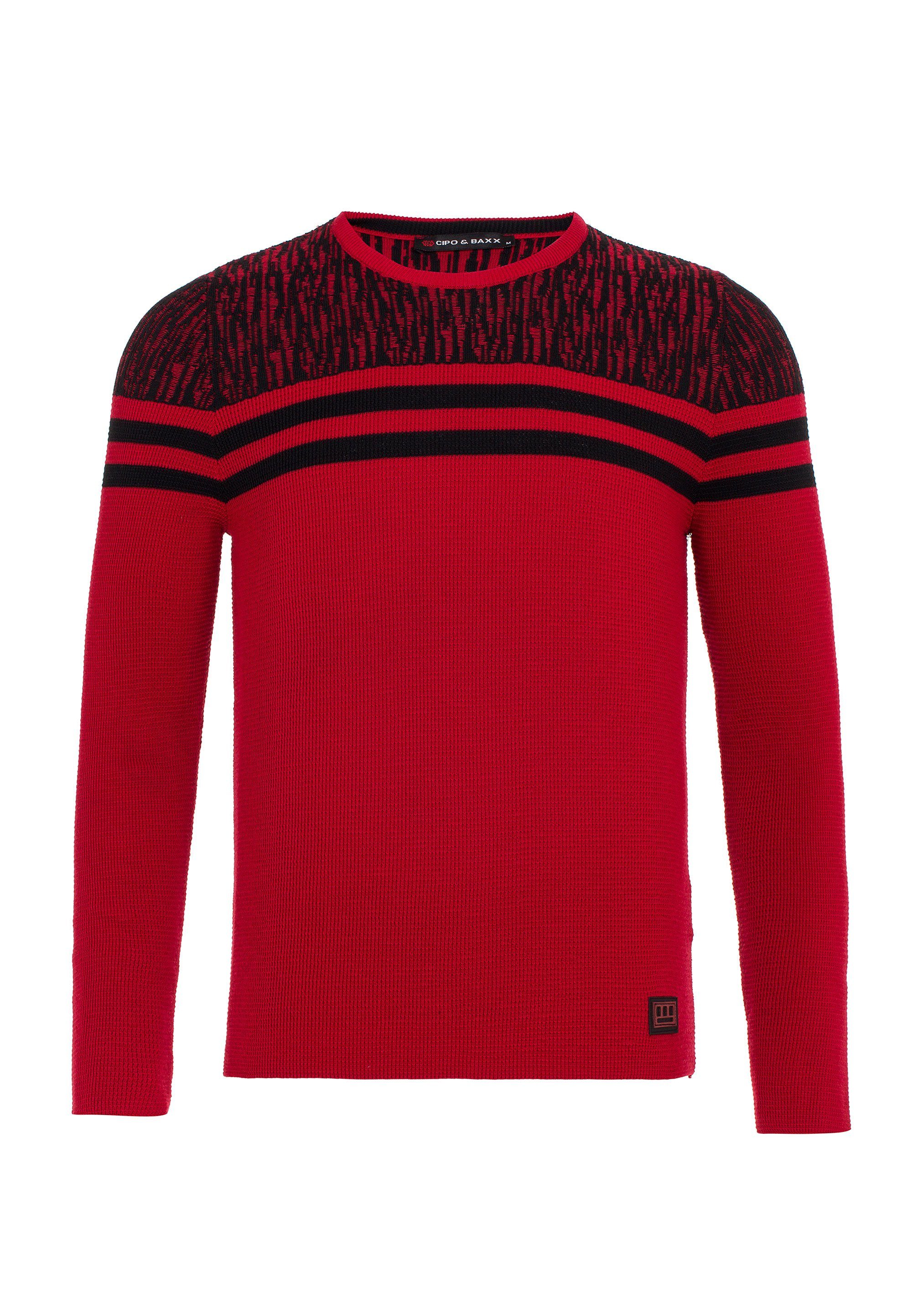 Baxx & mit Strickpullover rot-schwarz Cipo Streifen-Details coolen