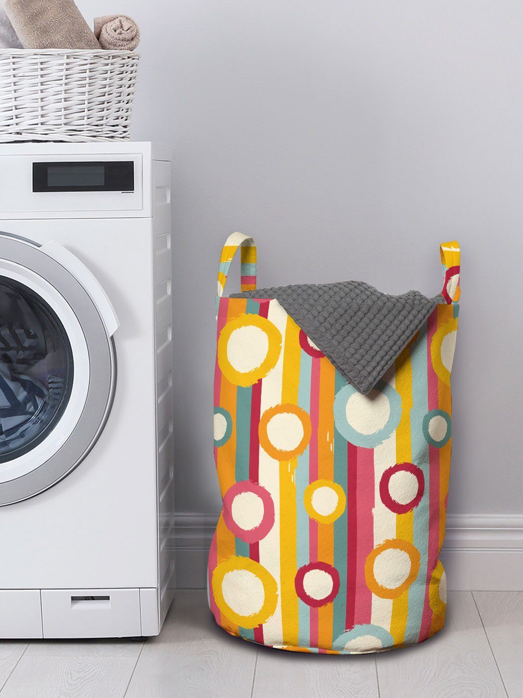 Waschsalons, Kordelzugverschluss Wäschesäckchen Wäschekorb und Streifen für Retro Griffen mit Kreise Abakuhaus