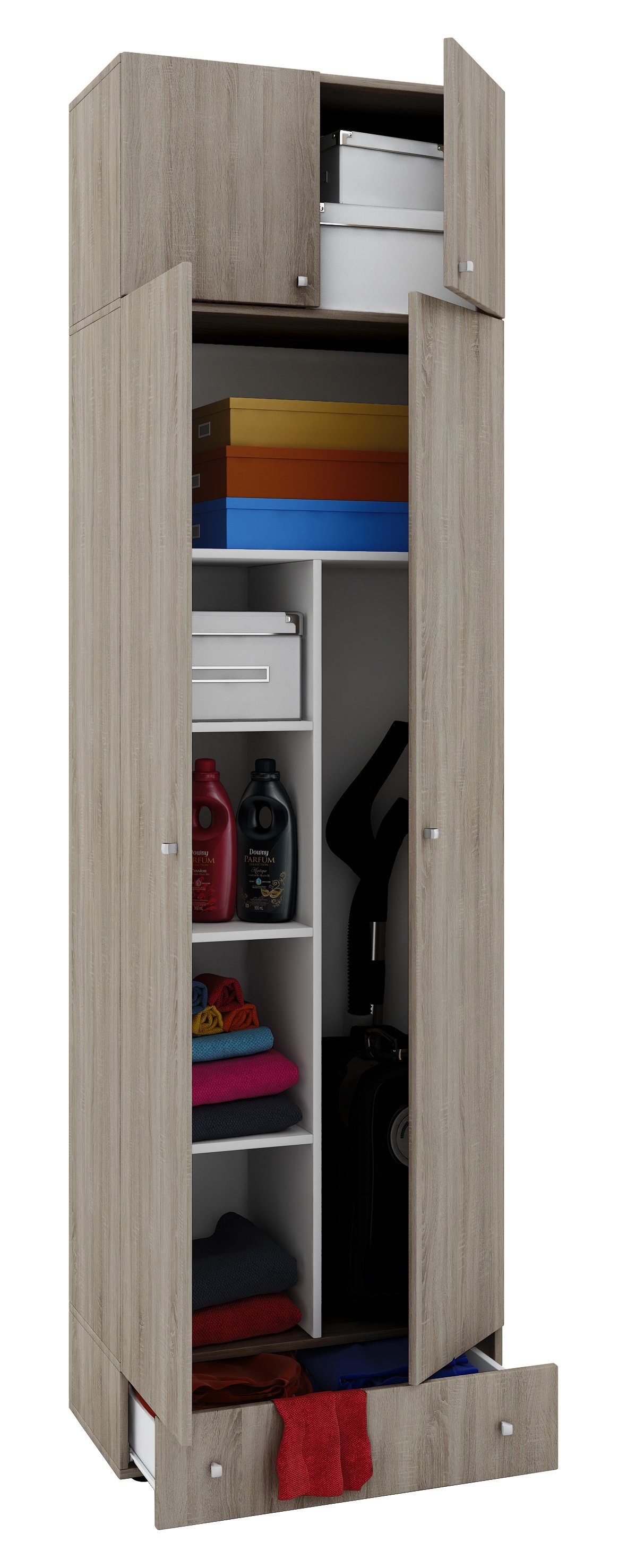 VCM Mehrzweckschrank Haushaltsschrank Vandol B. 70 x H. 237 x T. 40 cm Holz, 6 Fächer, Haushaltsschrank, Aufsatz mit 2 Türen, Extra Schublade