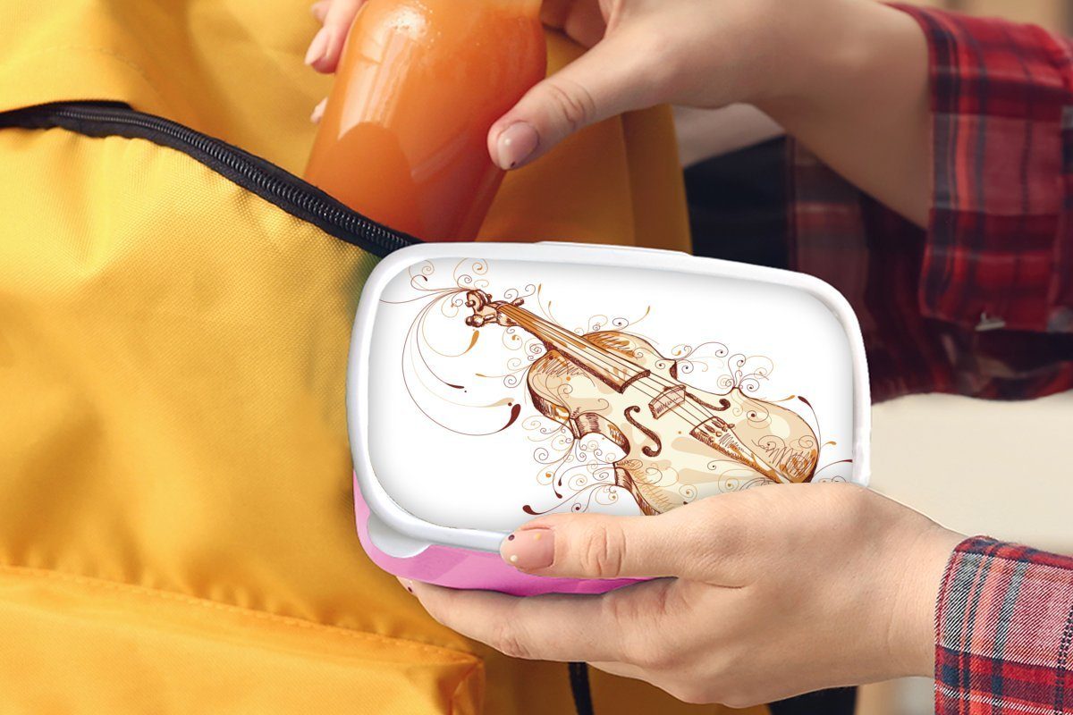Illustration Brotbox Kinder, gezeichneten Kunststoff, Snackbox, rosa Brotdose (2-tlg), einer Erwachsene, für Mädchen, MuchoWow Lunchbox Geige, Kunststoff