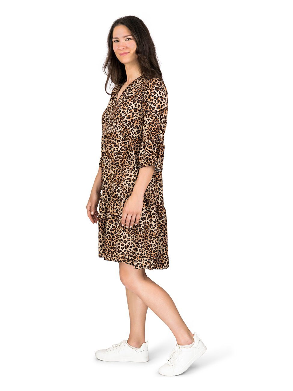 DENIMFY Sommerkleid Damen Kleid DFFrida A-Linie 3/4 Arm Freizeitkleid mit V-Ausschnitt aus 100% Viskose