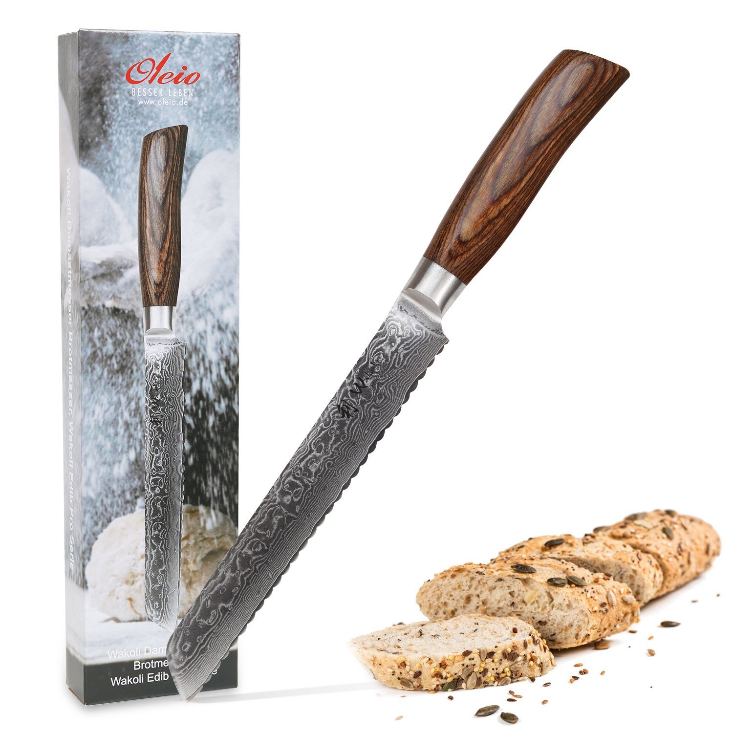 Wakoli Brotmesser EDIB Pro Damast Brotmesser I 20cm Klinge I Pakkaholzgriff