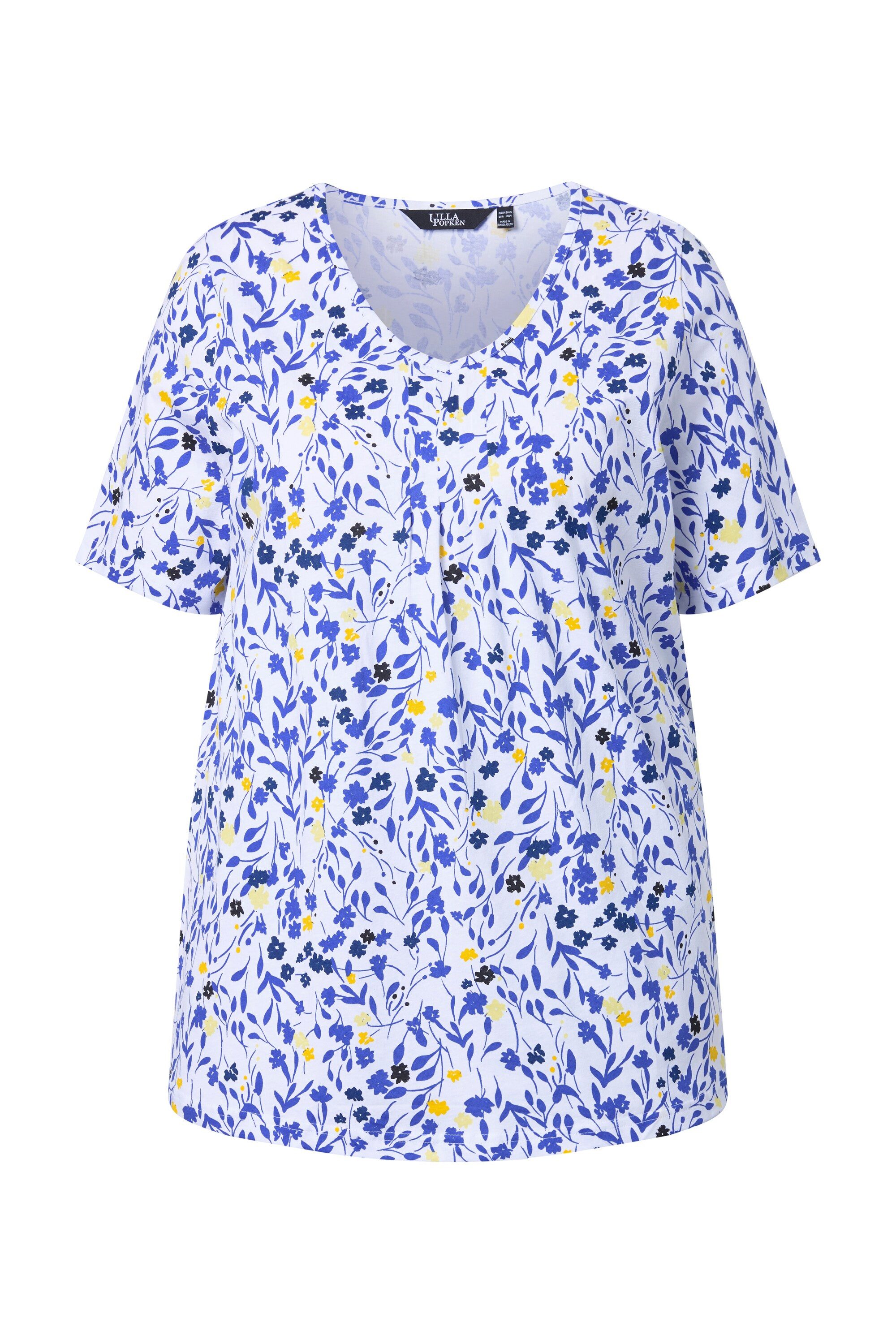 T-Shirt T-Shirt Blüten Zierfalten V-Ausschnitt Halbarm