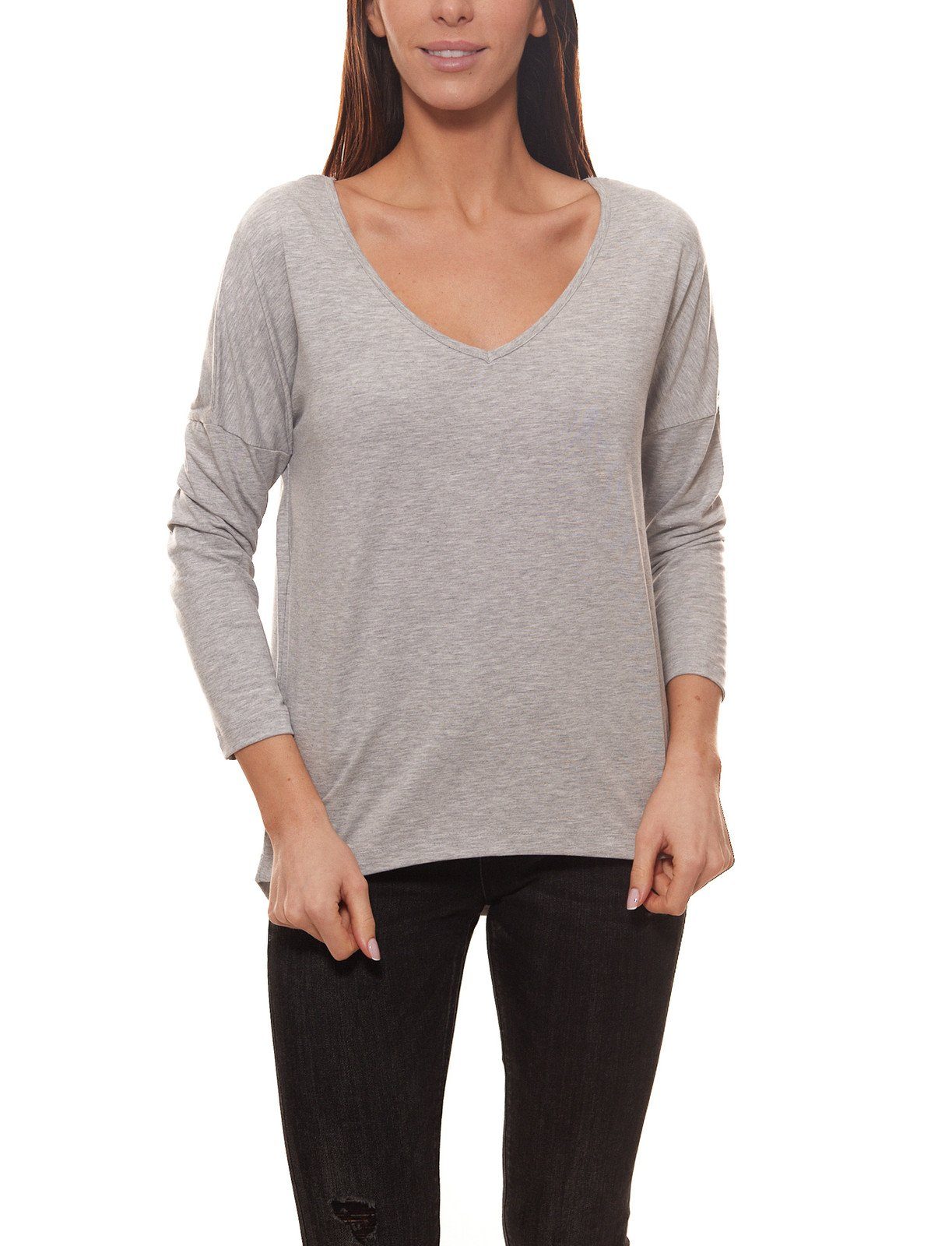 Aniston by BAUR Langarmshirt »Aniston Langarm-Shirt schlichter Damen  Pullover Freizeit-Shirt mit Häckelspitze hinten Grau« online kaufen | OTTO