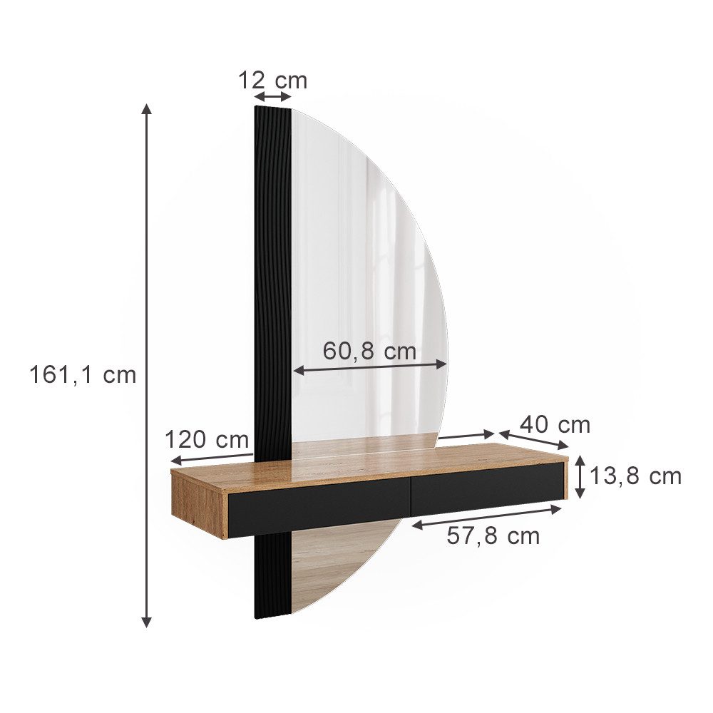 Vicco Schminktisch Melisa, Eiche/Schwarz, 120 cm mit 2 Schubladen (1-St)
