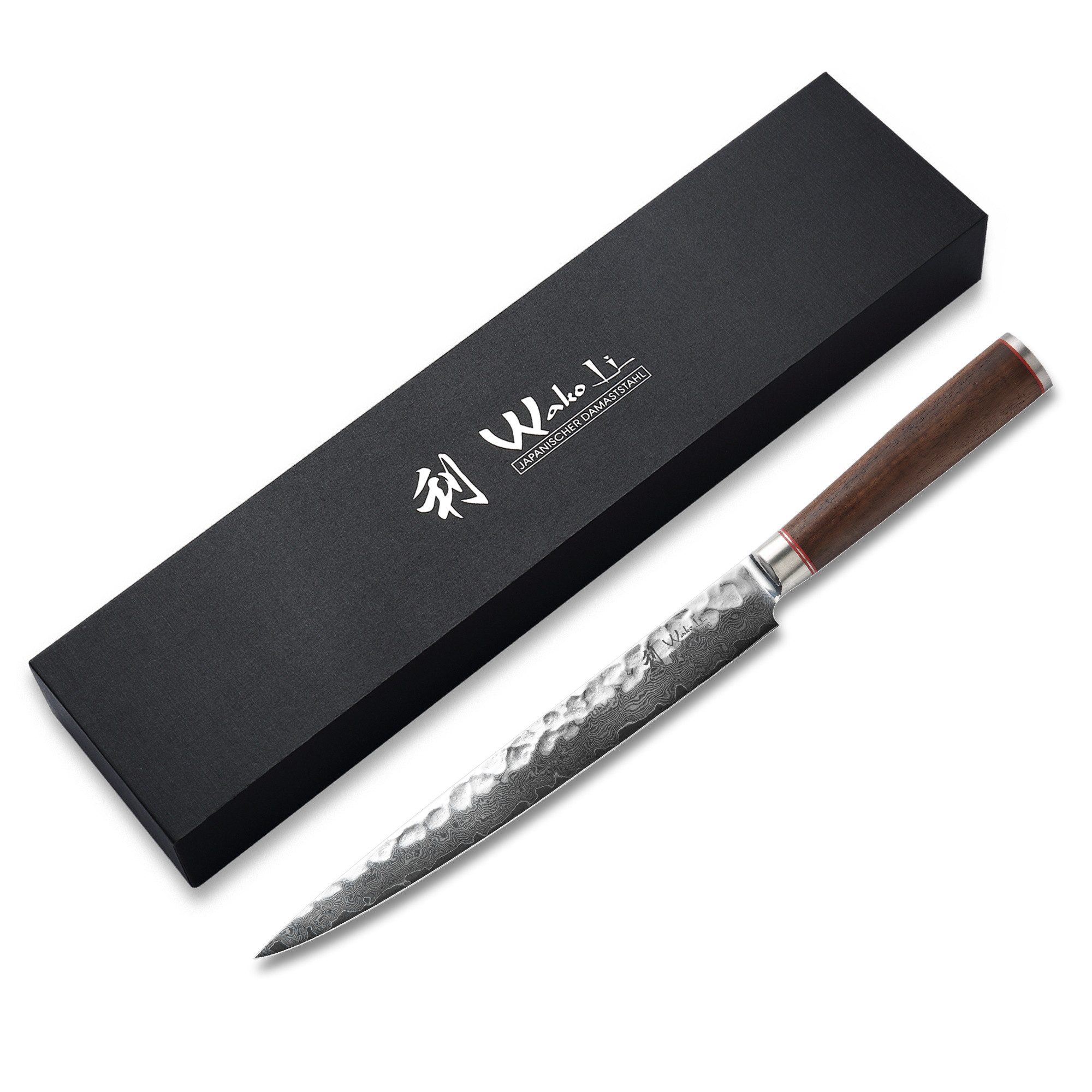 Wakoli Tranchiermesser Nussbaum Damast Sashimi Kochmesser 25 cm Klinge Nussbaumholzgriff, Damaststahl, VG10, Nussbaumholz