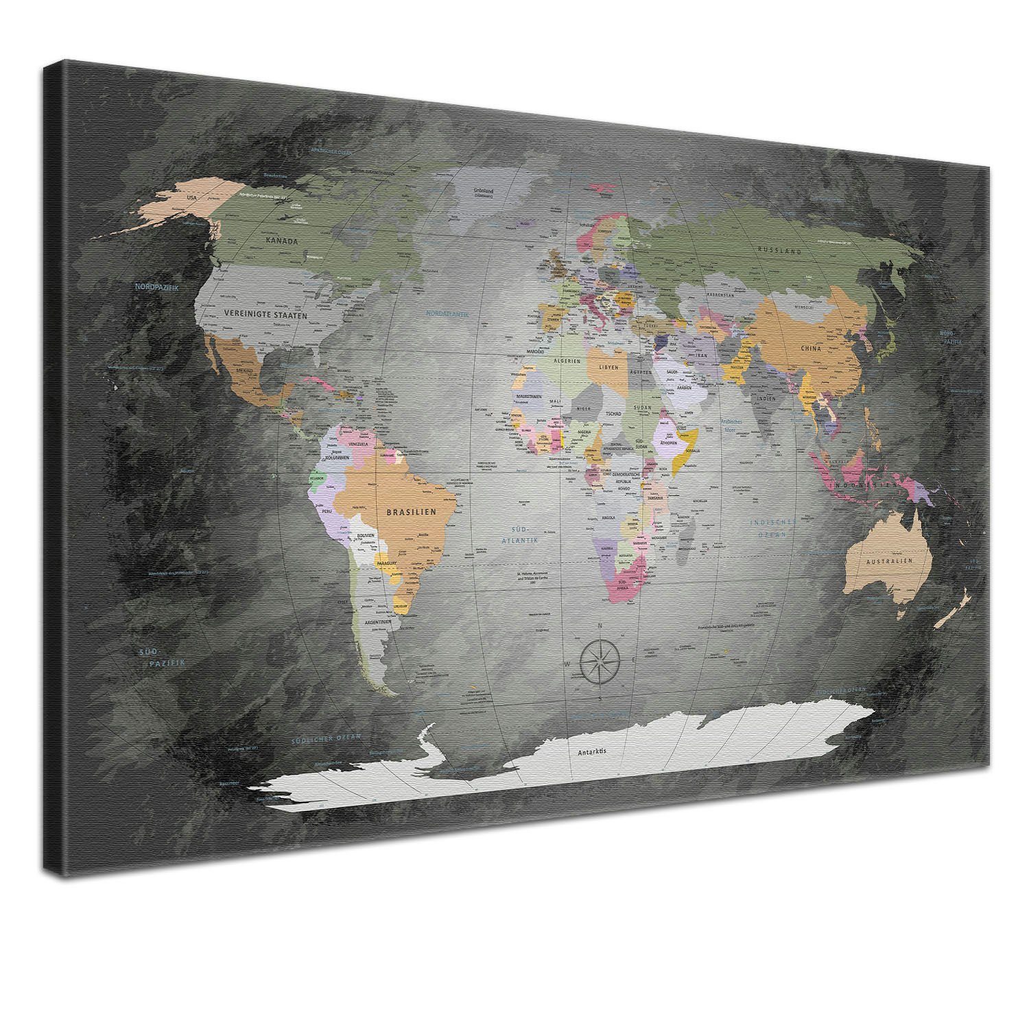 LANA KK Leinwandbild Weltkarte Pinnwand zum markieren von Reisezielen, deutsche Beschriftung Edelgrau