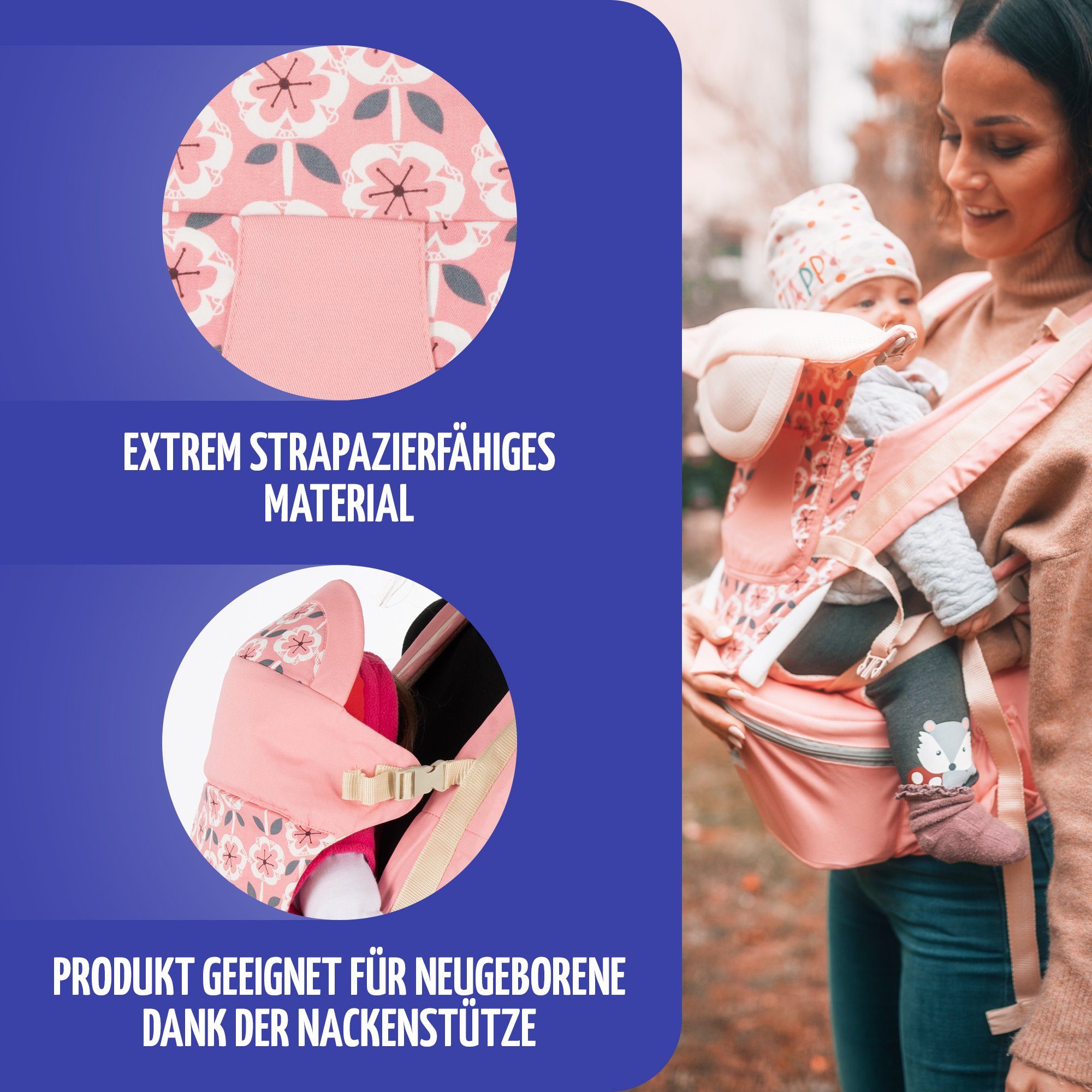 SafeChild Babytrage Premium Windeltasche, Neugeborene, PinkMuster Handytasche Flaschenhalterung, Hüftsitz, Mesh-Gewebe, 100% Design, Baumwolle