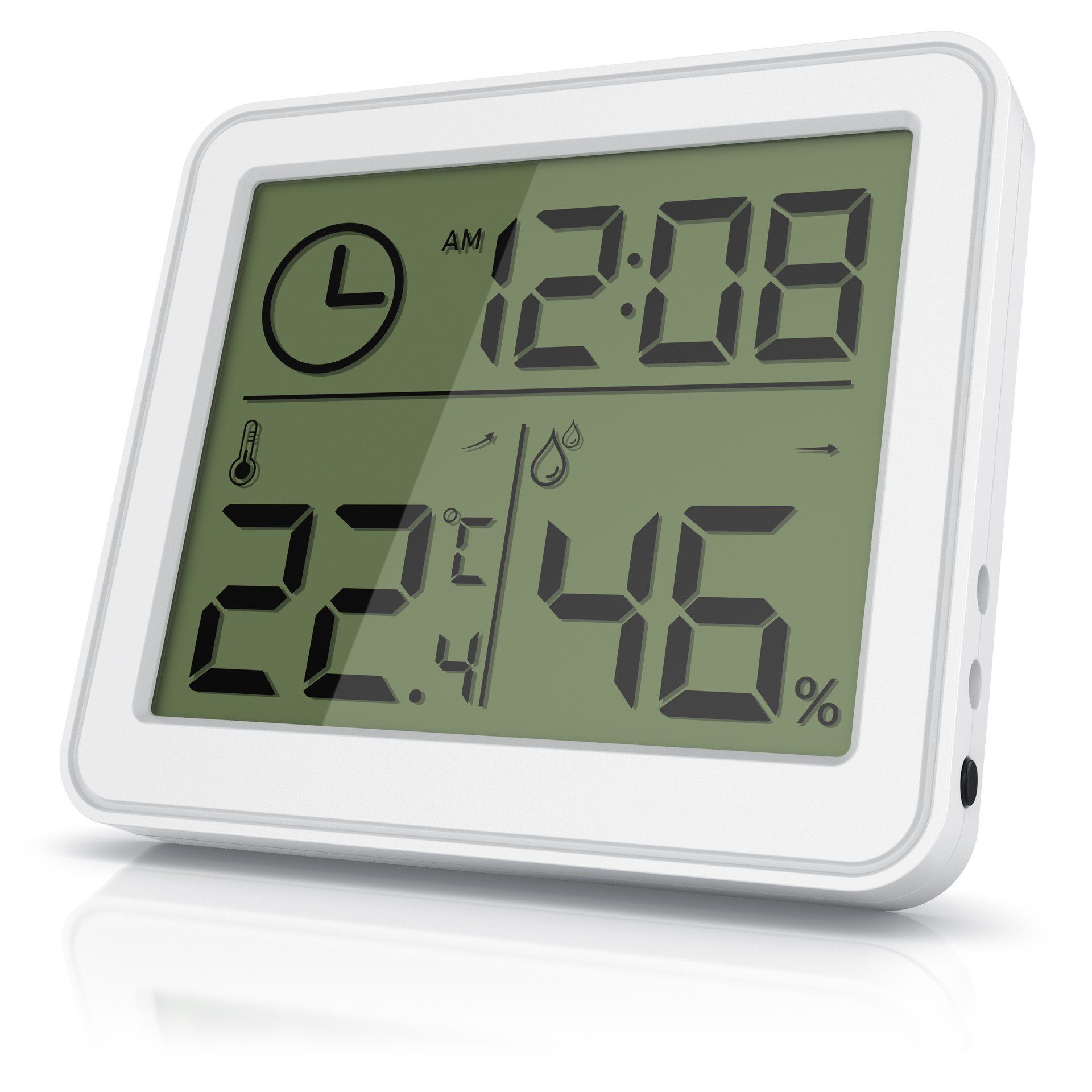 BEARWARE Luftfeuchtigkeitsmessgerät und Temperatur für Innen mit LCD Anzeige Innenwetterstation (Haltemagneten, Raumthermometer / Hygrometer und Uhrzeit, Standfuß, Magnet und Öse)