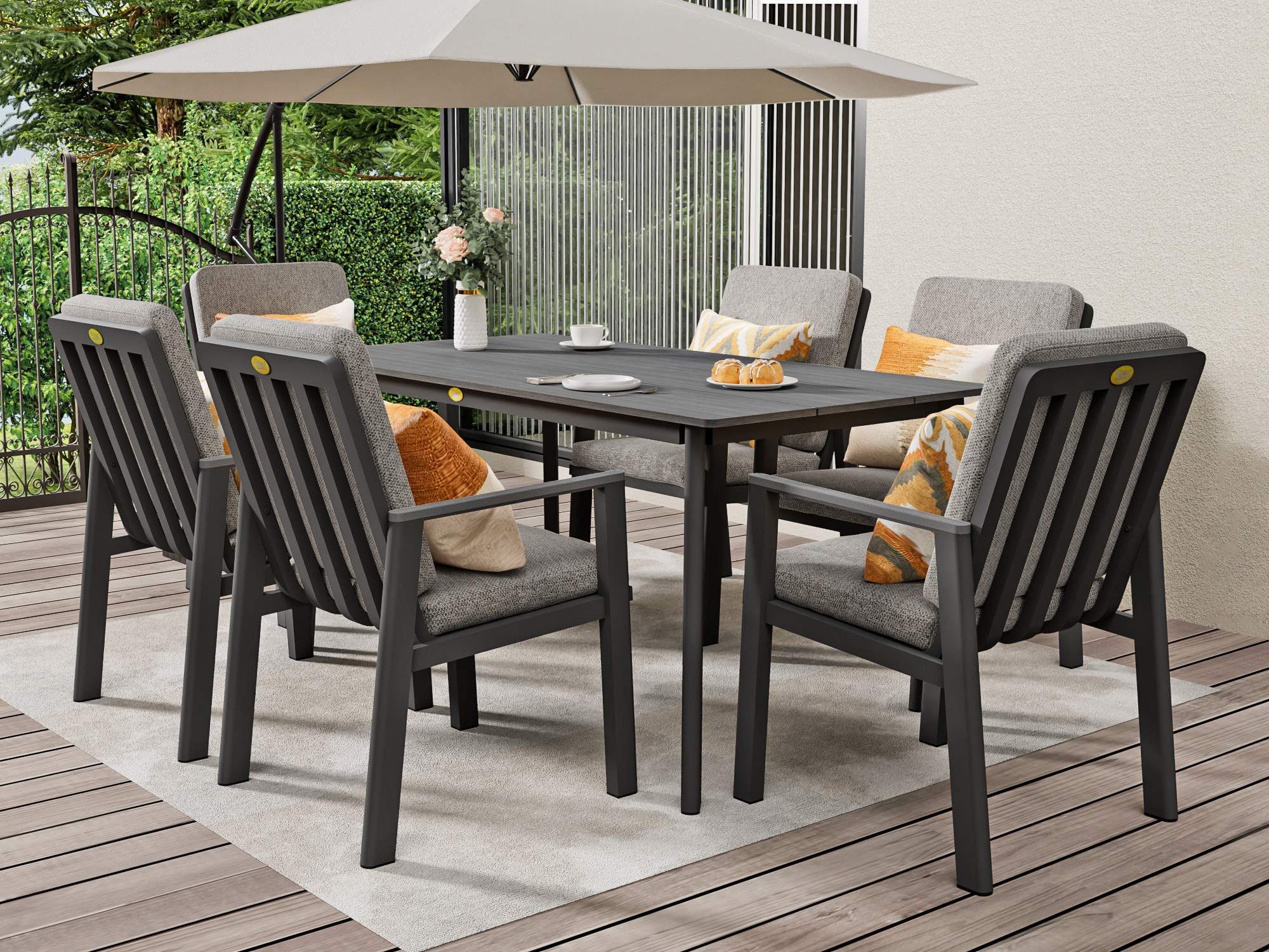 MeXo Gartenlounge-Set Garten Essgruppe für 6 Personen, (Gartenmöbel-Set aus Aluminium, 7-tlg., mit ergonomischen Sesseln inkl. Kissen), Belastbarkeit pro Sitzplatz 140 kg