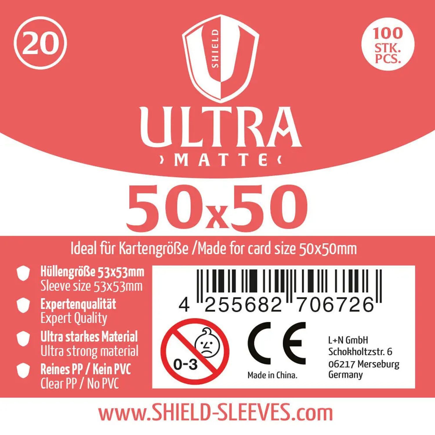 SHIELD Spiel Shield Ultra Matte 20 - 100 Super Sleeves für Kartengröße 50x50 mm