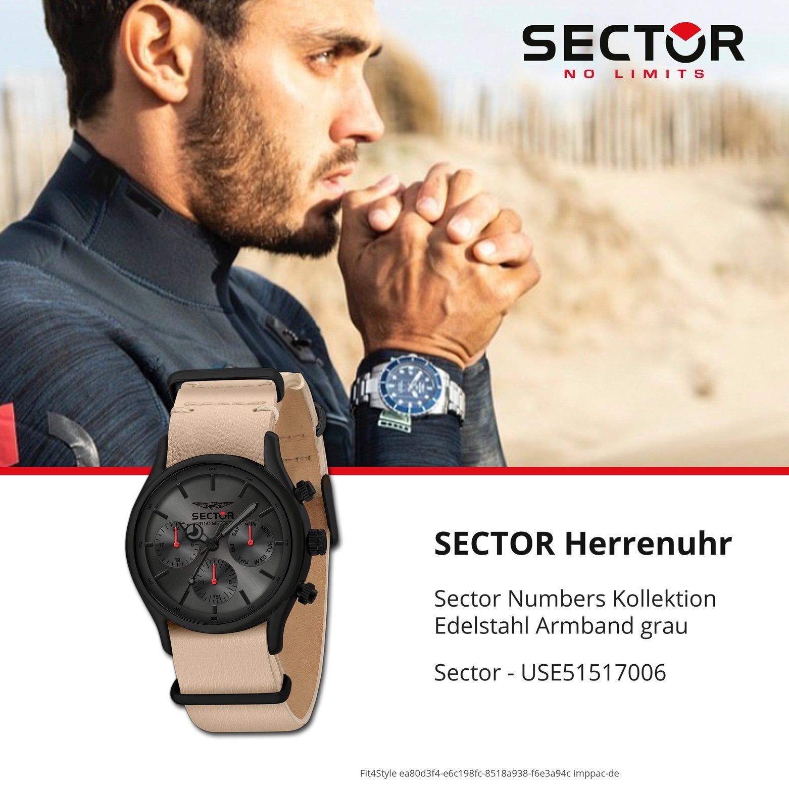 Sector groß Herren Multifunktionsuhr Sector rund, Herren grau, Armbanduhr Fashion 45mm), Multifunktion, Armbanduhr Lederarmband (ca.
