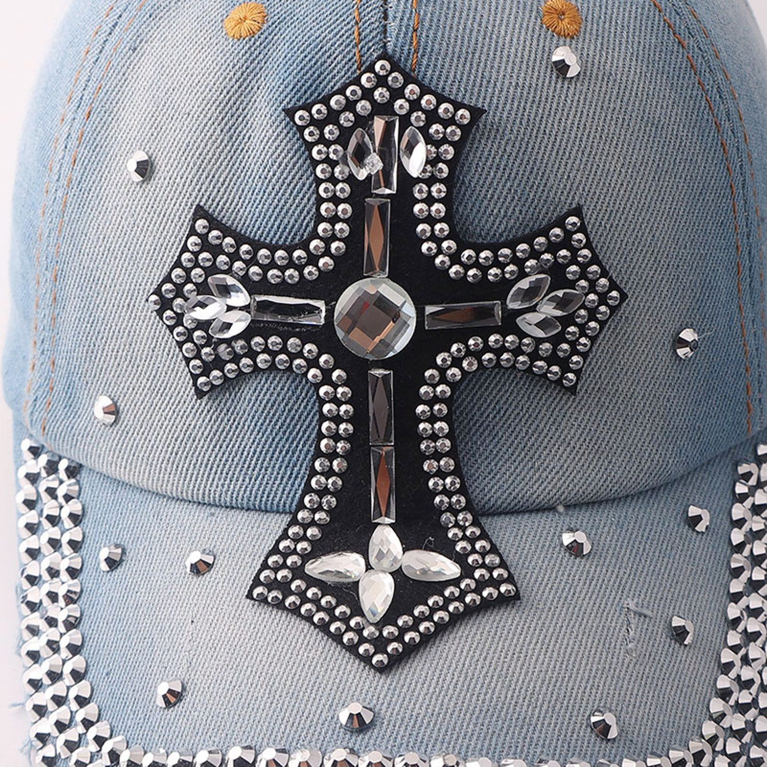 KARMA Schirmmütze Basecap Damen Kreuz Baumwolle Kristalle Baseball Cap (1-St., Used-Look gebogener Schirm Schirmmütze Basecap) Jeansblau Hell od. Dunkelblau verstellbar