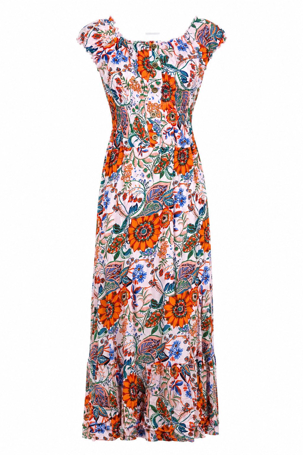 ITALY VIBES Sommerkleid - florales Maxikleid mit Raffung und Knöpfen - Damen Kleid