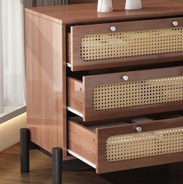 DOPWii Nachtkonsole Kommode,Nachttisch,Schrank mit 3 Schubladen,Rattan-Schubladenplatte, schwarzen Beinrahmen,Nachtkonsole,Nachtkommode,Kiefer,MDF,PVC-Rattan