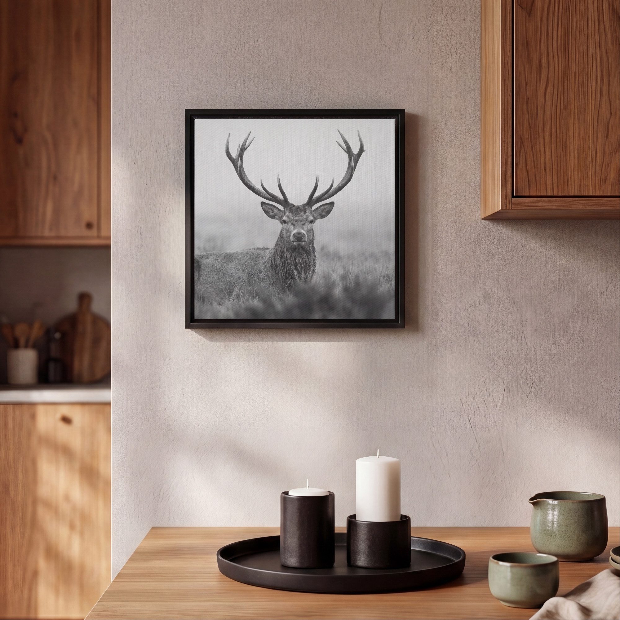 OneMillionCanvasses® Leinwandbild mit Rahmen - Hirsch - Neblig - Schwarz - Weiß, Fotodruck (1 St), Leinwand Bilder Klein, Wand Dekoration Aesthetic 20x20cm – Bild 2 von 5