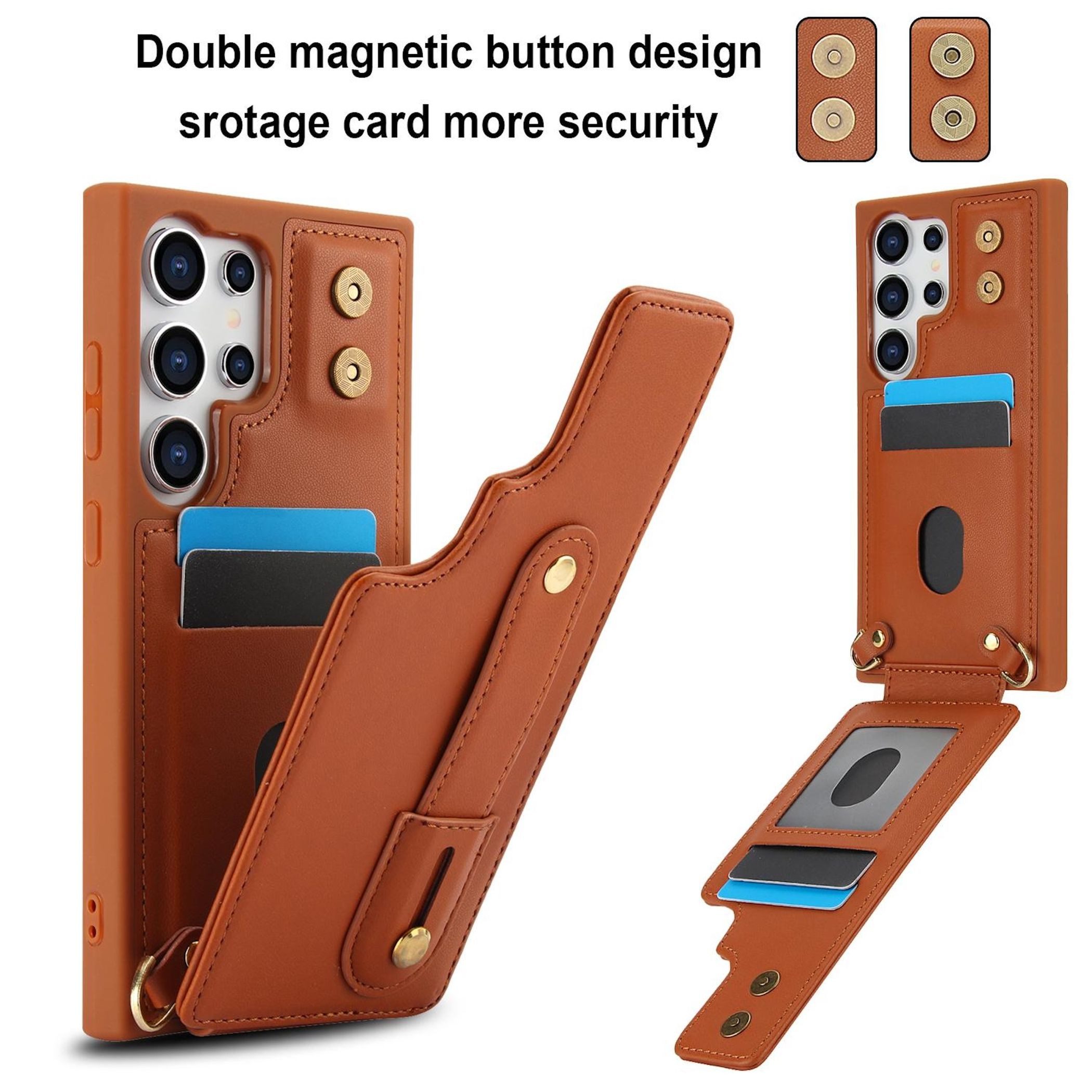 Wigento Handyhülle Fliphülle für Samsung Galaxy S26 Kartenfach Umhängeband Braun 6,3 Zoll, Kartenfächer, Handband, Umhängeband