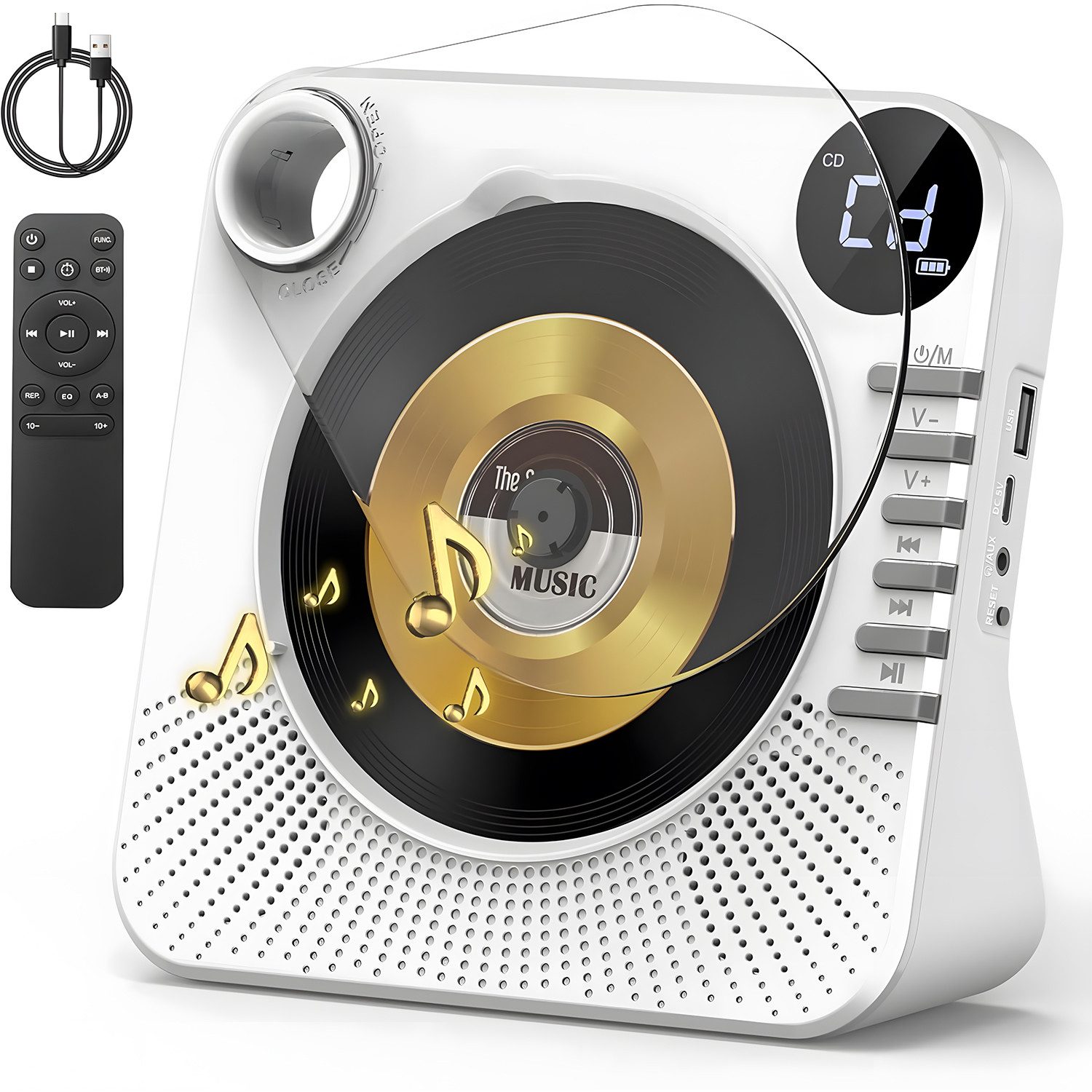 AKKEE Tragbarer CD-Player mit Bluetooth, USB/AUX-Anschluss und LCD-Display CD-Player (Tragbarer cd Player für Zuhause)