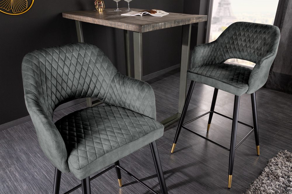 riess-ambiente Barhocker PARIS grün/schwarz/gold - Samt, Metall, mit Armlehne & Ziersteppung (Einzelartikel, 1 St), gepolstert & im edlen Look – ideal für Kücheninsel & Hausbar